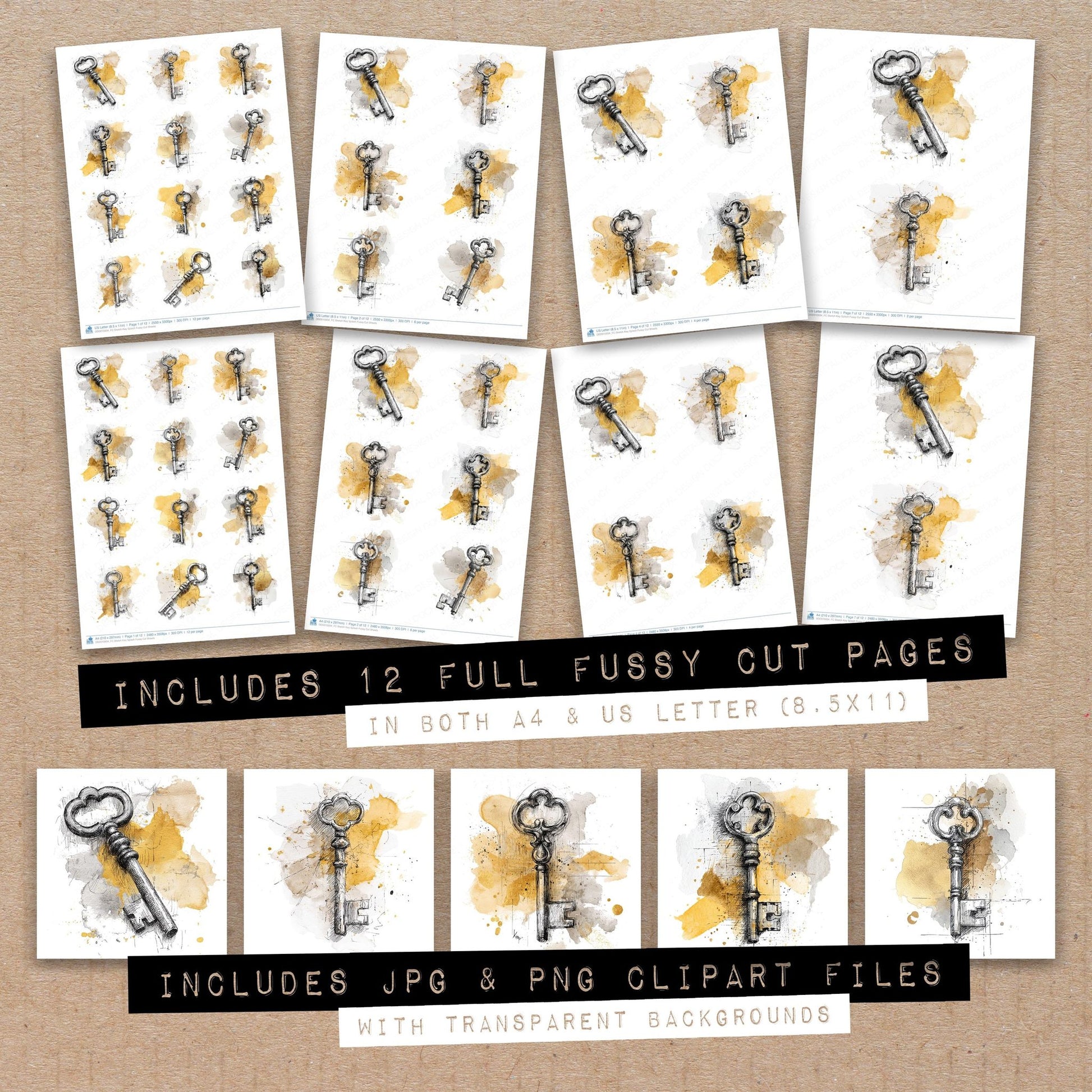 Full collection view of Sketch Key Splash fussy cut sheets with bonus clipart JPG and PNG files
