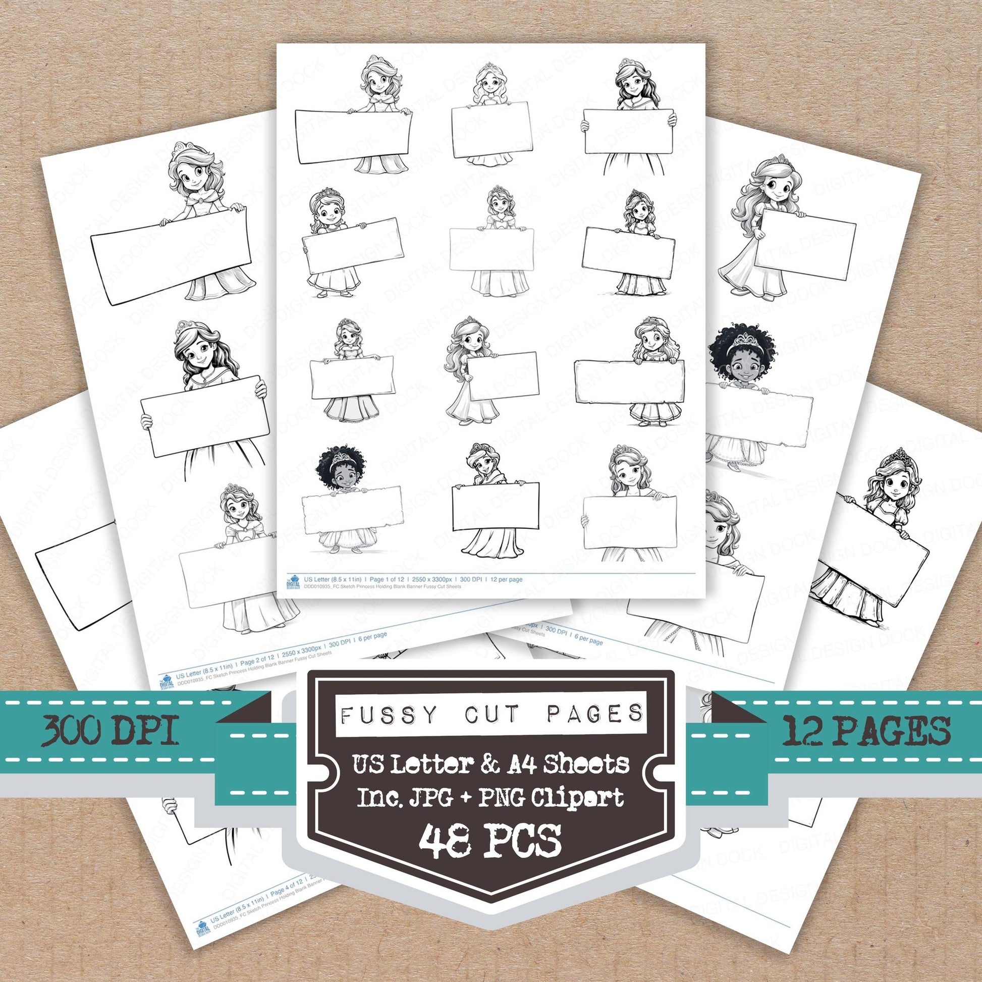Sketch Princess Holding Blank Banner fussy cut printable sheets for junk journaling, scrapbooking, and paper craft projects