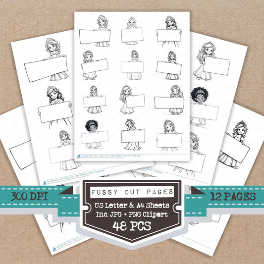 Sketch Princess Holding Blank Banner fussy cut printable sheets for junk journaling, scrapbooking, and paper craft projects