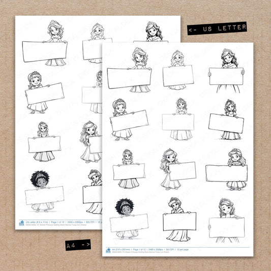 A4 and US Letter format comparison showing Sketch Princess Holding Blank Banner fussy cut pages for print and cut crafting
