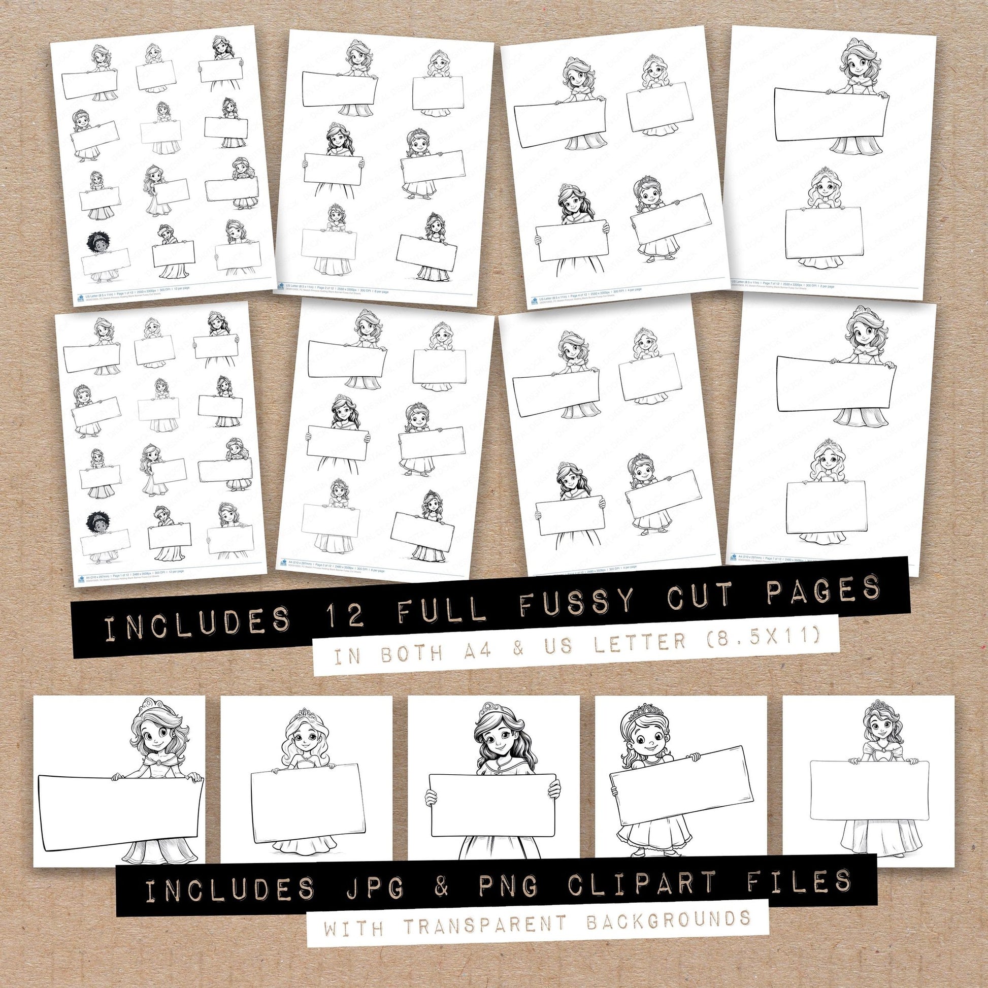 Full collection view of Sketch Princess Holding Blank Banner fussy cut sheets with bonus clipart JPG and PNG files