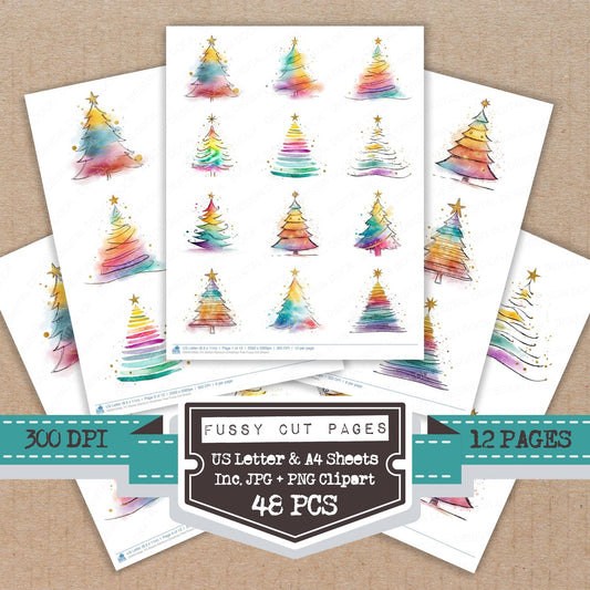 Sketch Rainbow Christmas Tree fussy cut printable sheets for junk journaling, scrapbooking, and paper craft projects