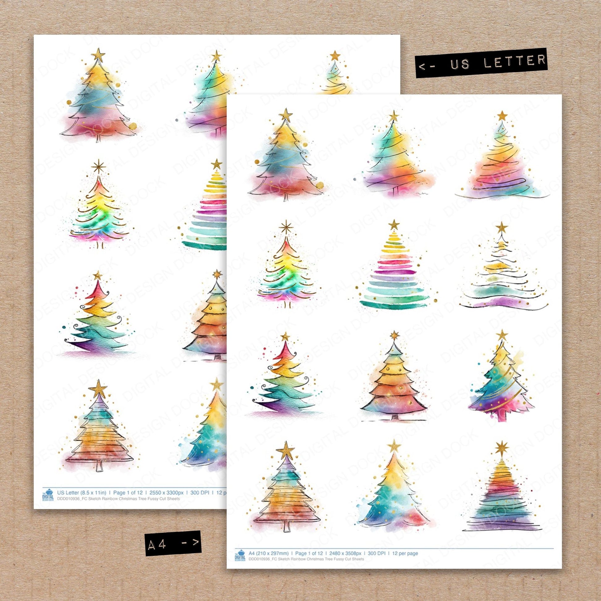 A4 and US Letter format comparison showing Sketch Rainbow Christmas Tree fussy cut pages for print and cut crafting