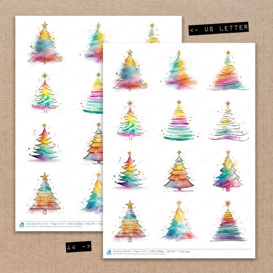 A4 and US Letter format comparison showing Sketch Rainbow Christmas Tree fussy cut pages for print and cut crafting