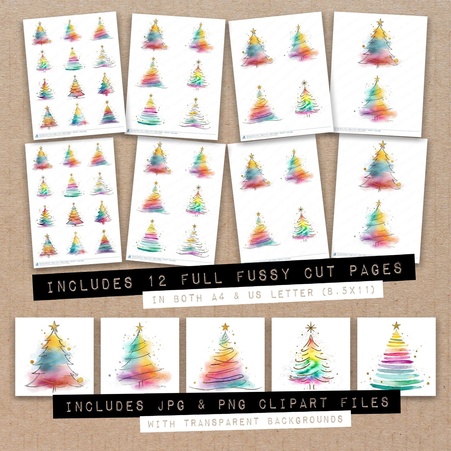 Full collection view of Sketch Rainbow Christmas Tree fussy cut sheets with bonus clipart JPG and PNG files