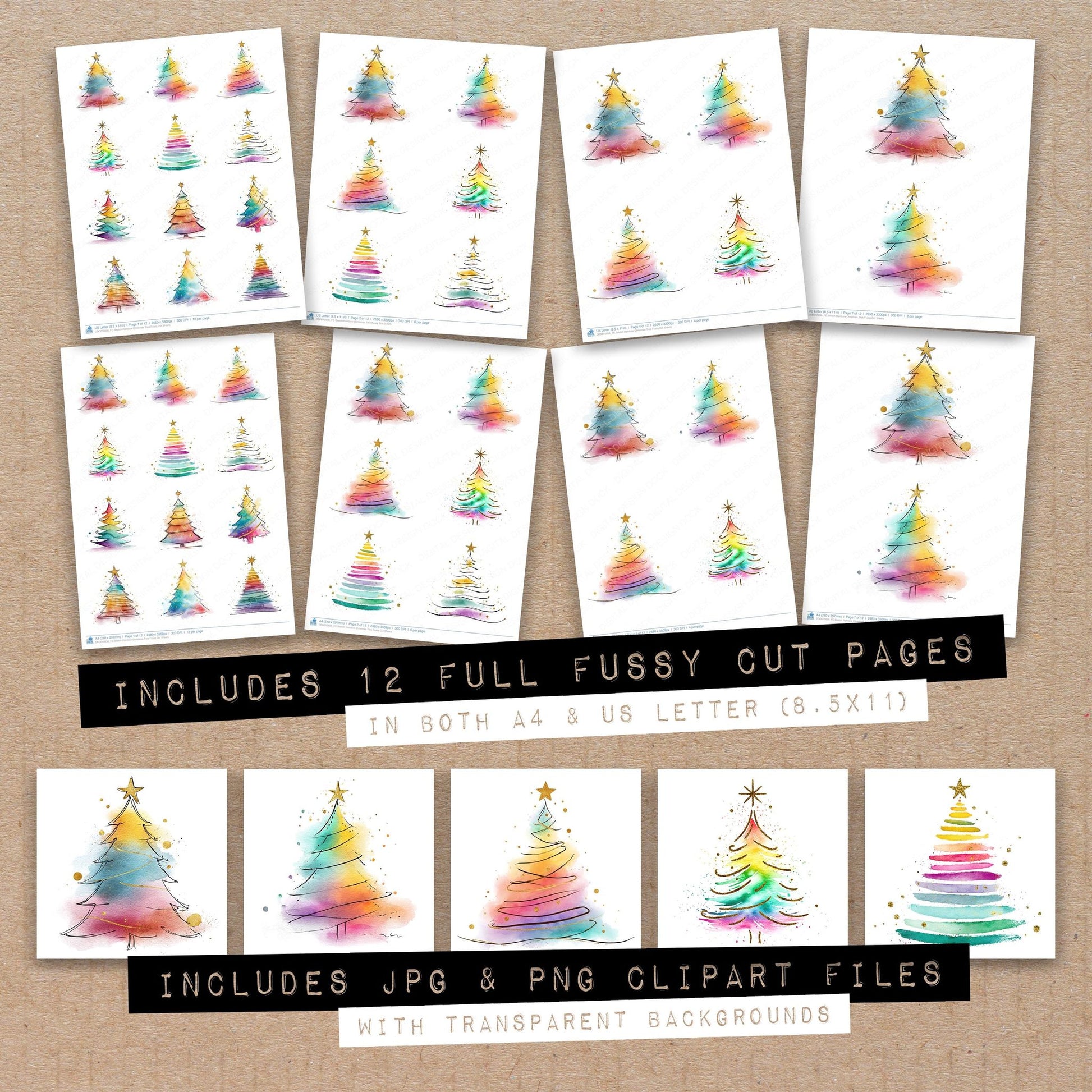 Full collection view of Sketch Rainbow Christmas Tree fussy cut sheets with bonus clipart JPG and PNG files