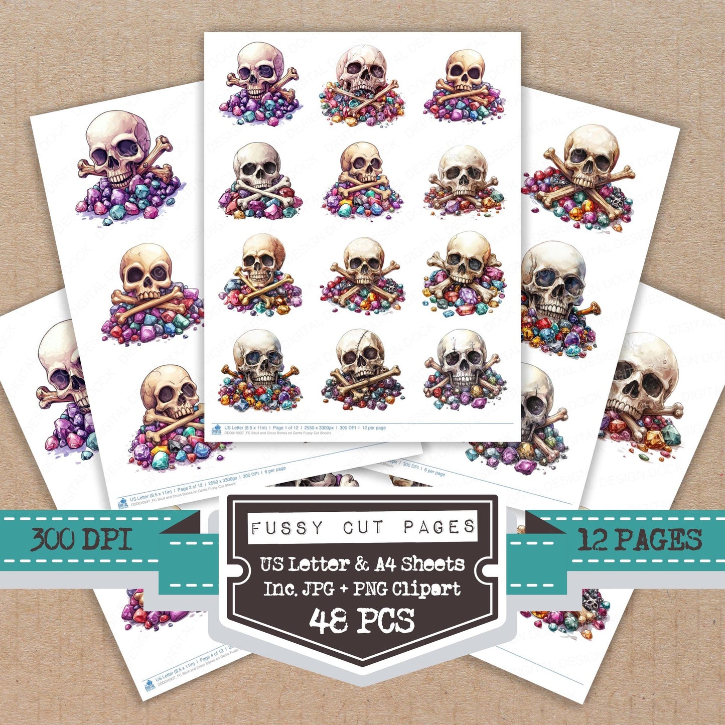 Skull and Cross Bones on Gems fussy cut printable sheets for junk journaling, scrapbooking, and paper craft projects