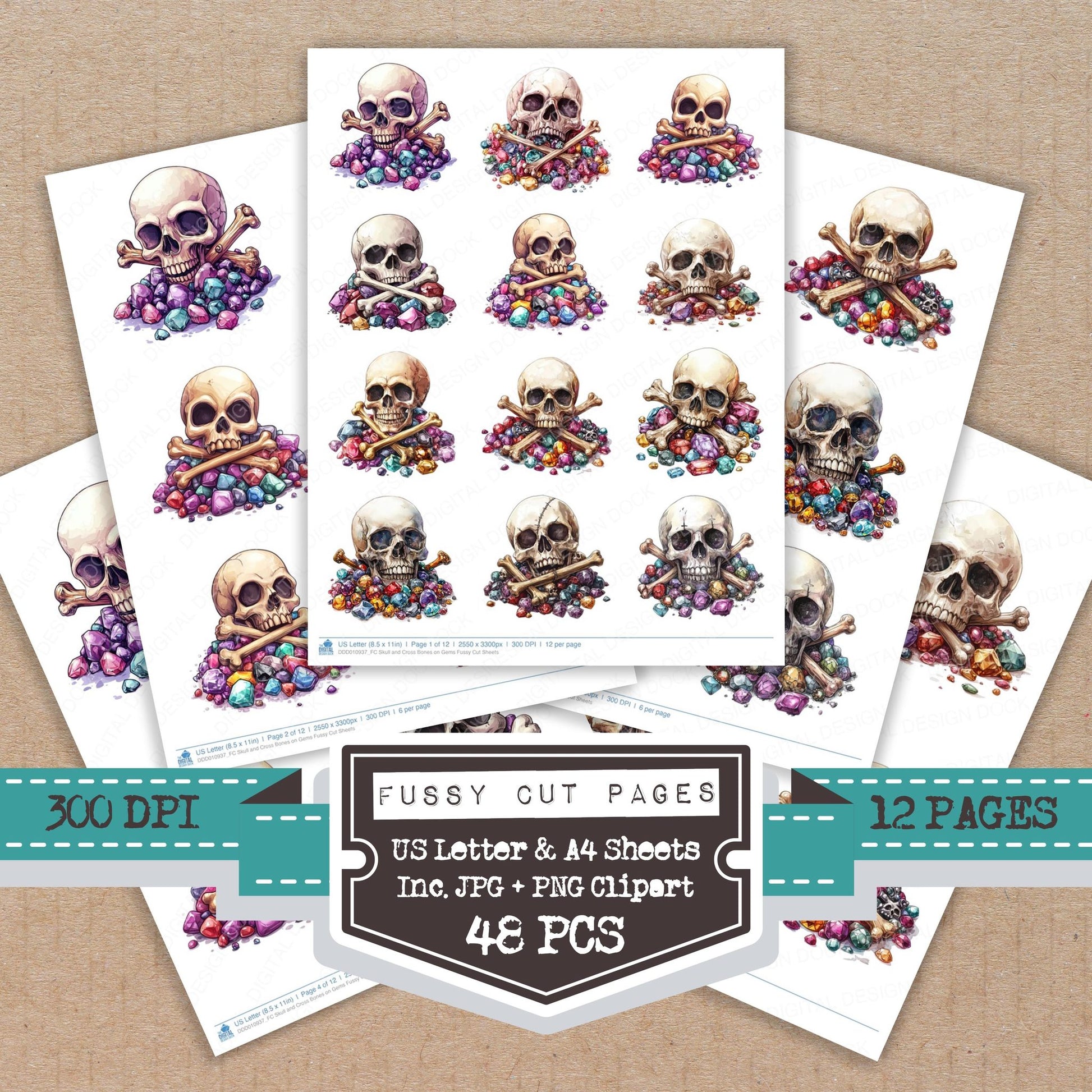 Skull and Cross Bones on Gems fussy cut printable sheets for junk journaling, scrapbooking, and paper craft projects
