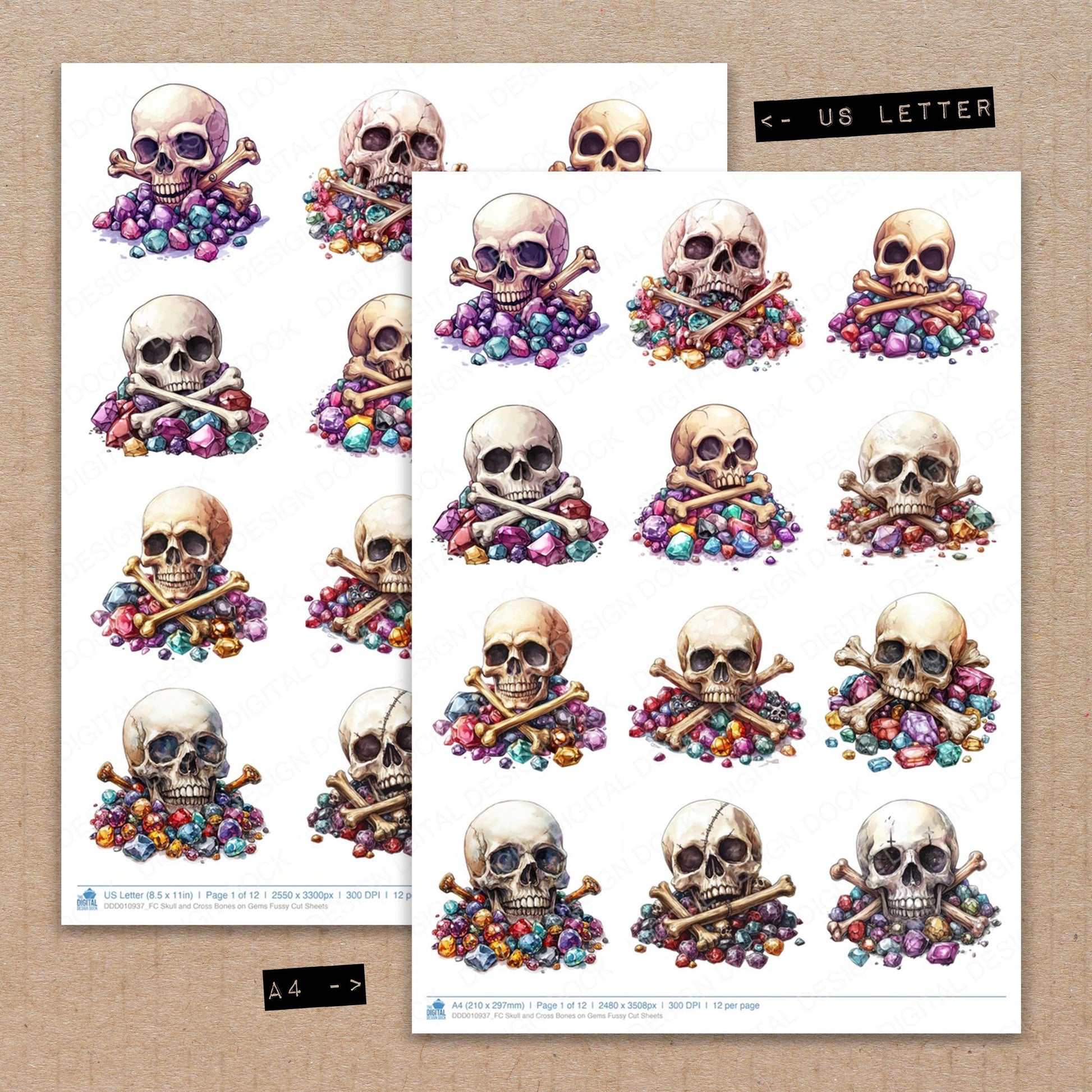 A4 and US Letter format comparison showing Skull and Cross Bones on Gems fussy cut pages for print and cut crafting