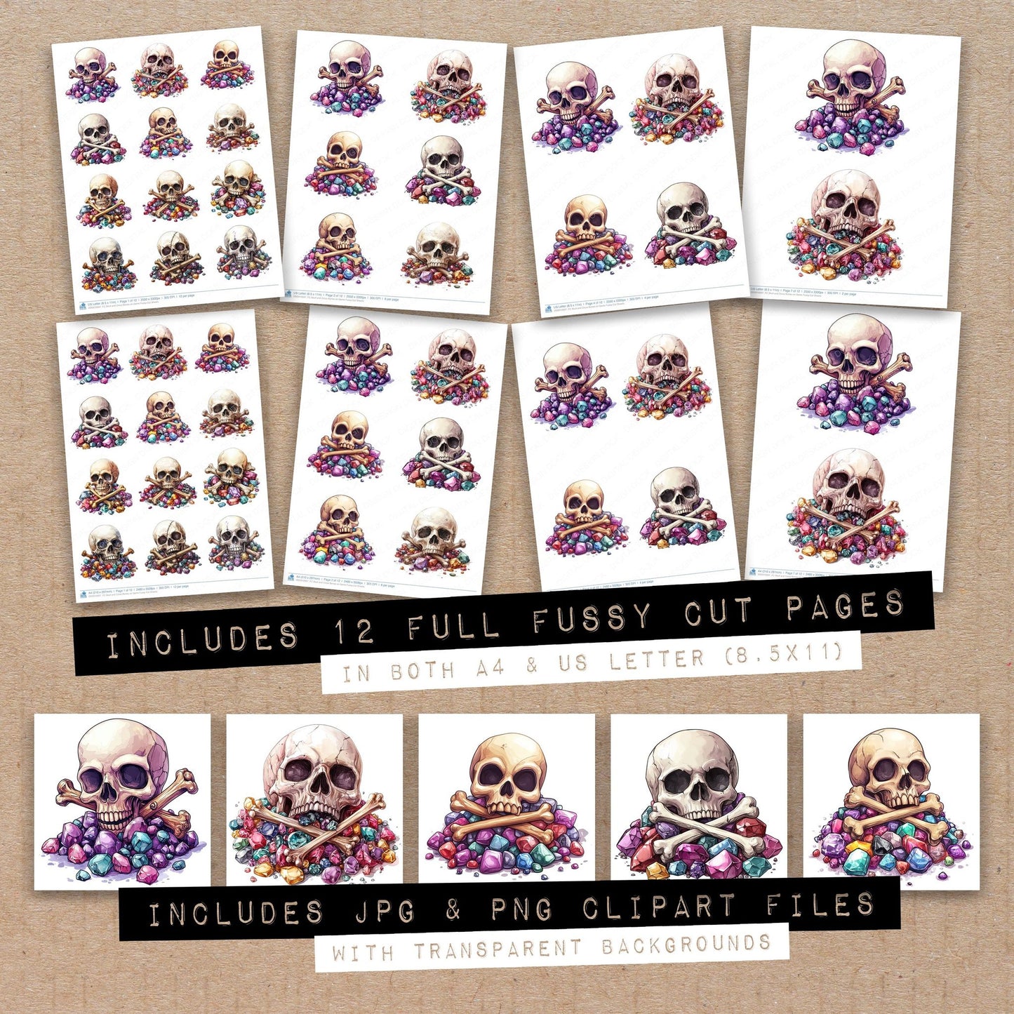 Full collection view of Skull and Cross Bones on Gems fussy cut sheets with bonus clipart JPG and PNG files
