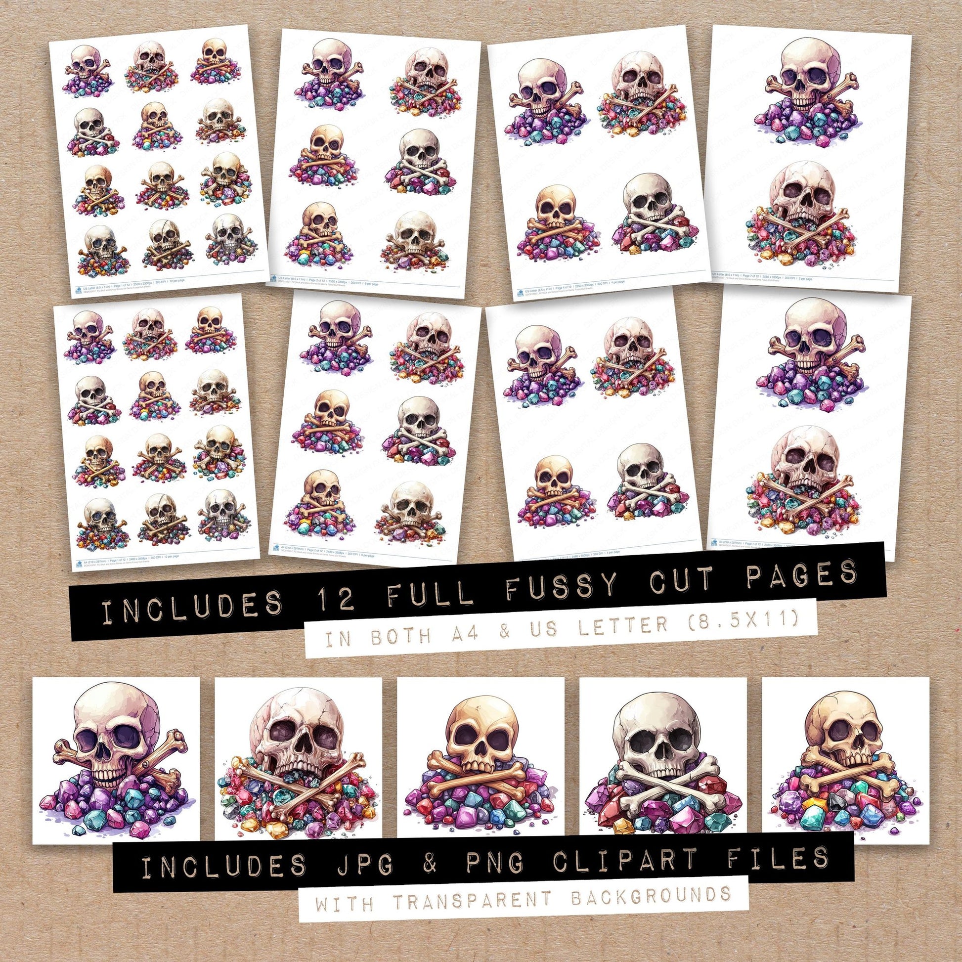 Full collection view of Skull and Cross Bones on Gems fussy cut sheets with bonus clipart JPG and PNG files