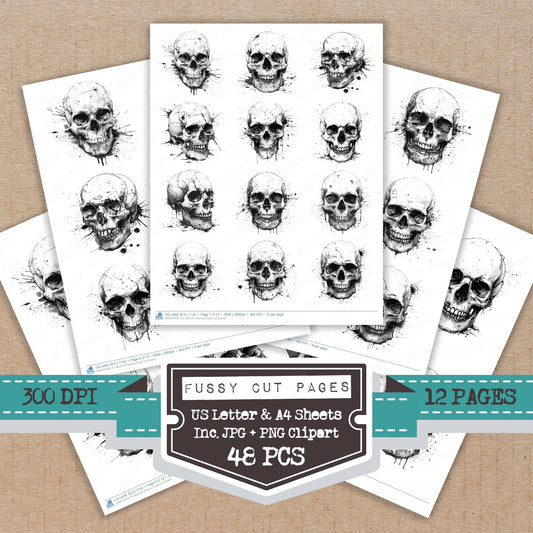 Skull Ink Drawing fussy cut printable sheets for junk journaling, scrapbooking, and paper craft projects