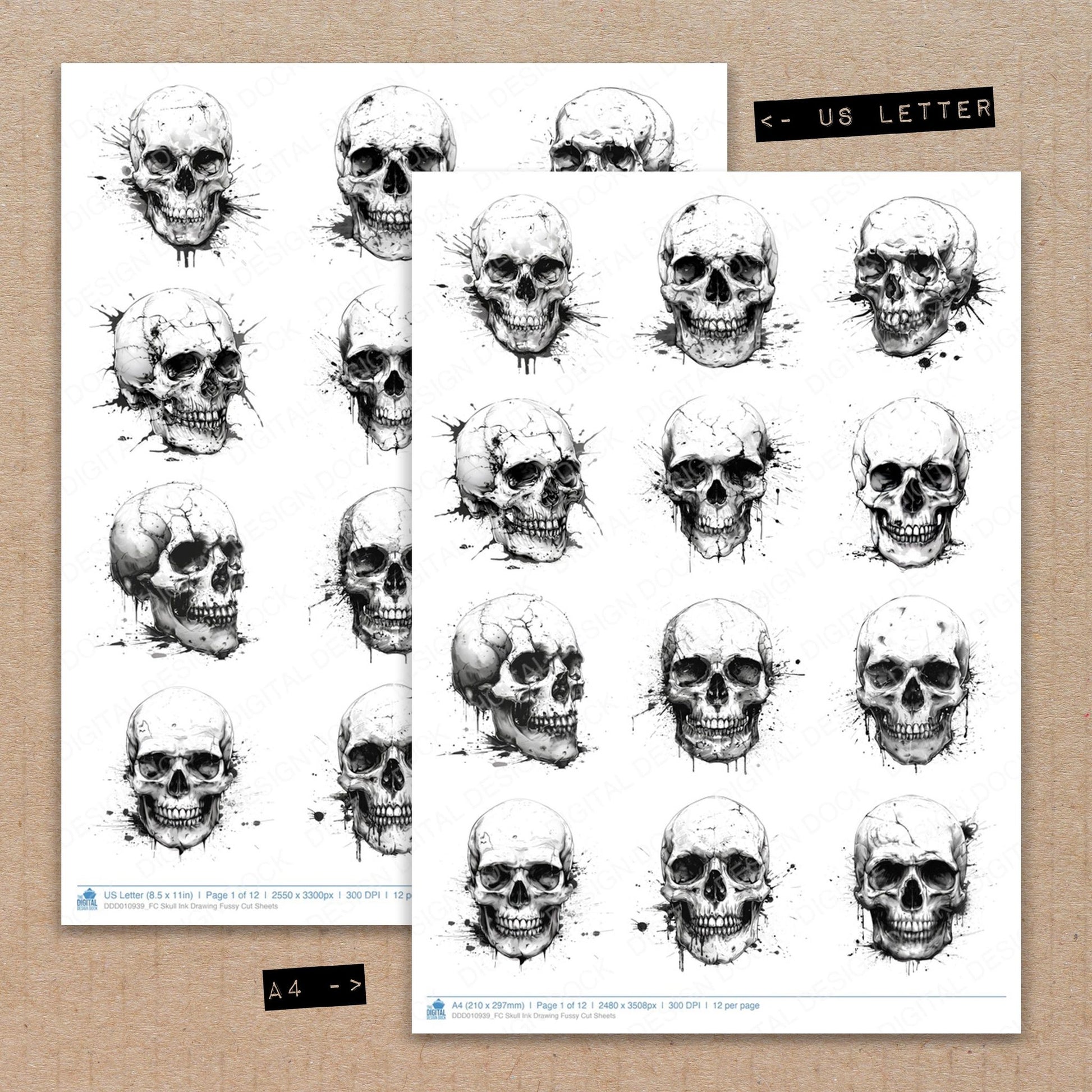 A4 and US Letter format comparison showing Skull Ink Drawing fussy cut pages for print and cut crafting
