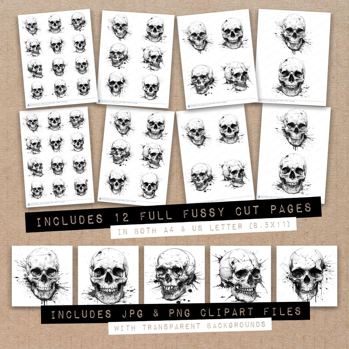 Full collection view of Skull Ink Drawing fussy cut sheets with bonus clipart JPG and PNG files