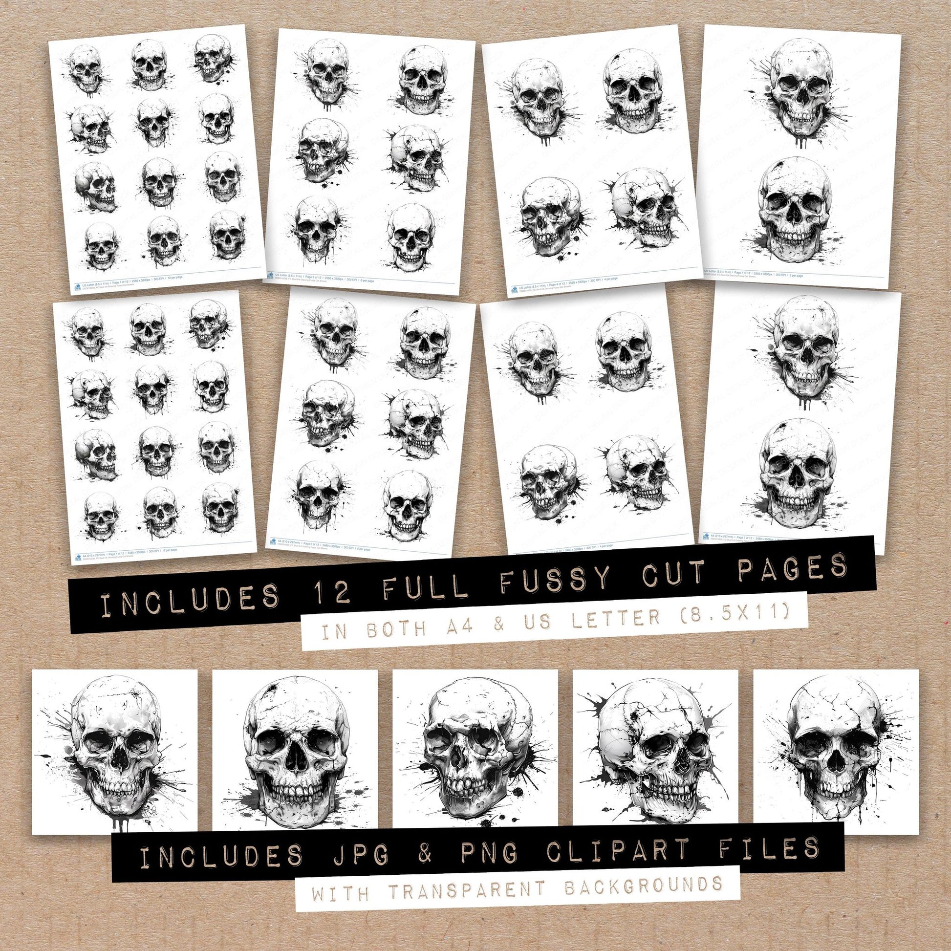 Full collection view of Skull Ink Drawing fussy cut sheets with bonus clipart JPG and PNG files