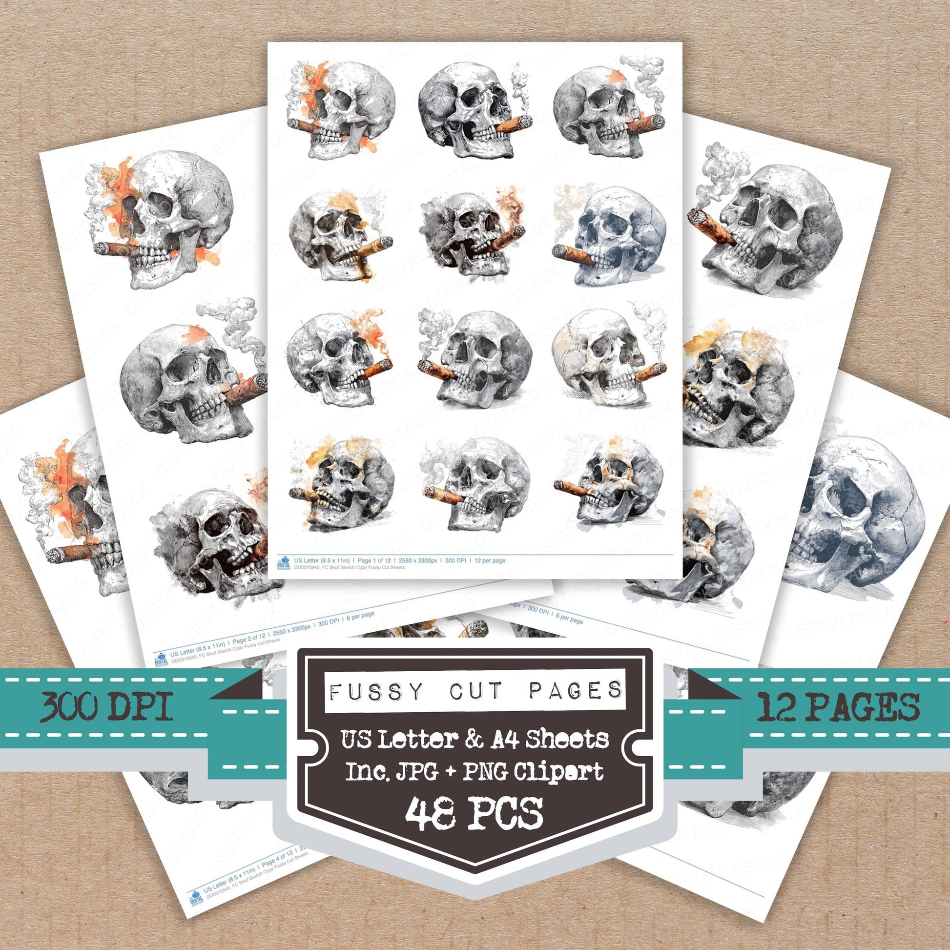 Skull Sketch Cigar fussy cut printable sheets for junk journaling, scrapbooking, and paper craft projects