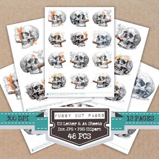 Skull Sketch Cigar fussy cut printable sheets for junk journaling, scrapbooking, and paper craft projects