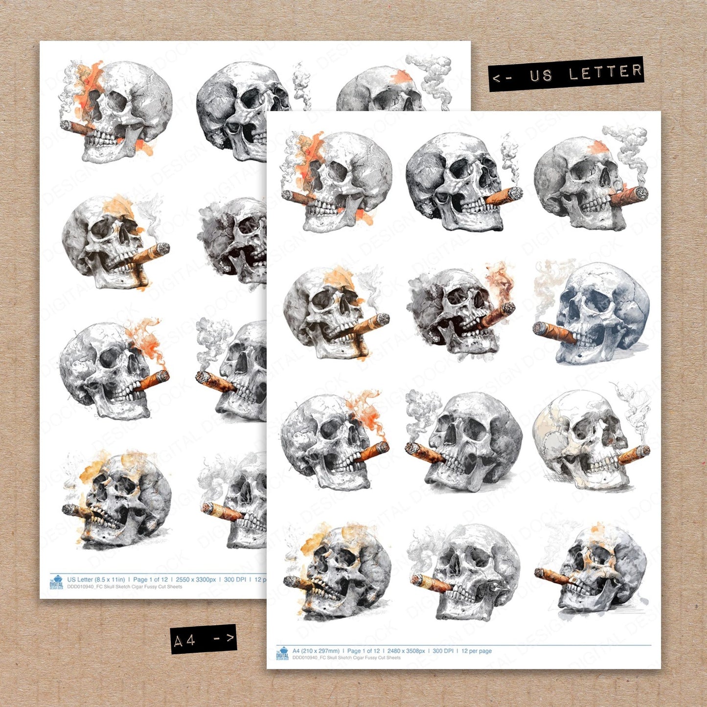 A4 and US Letter format comparison showing Skull Sketch Cigar fussy cut pages for print and cut crafting