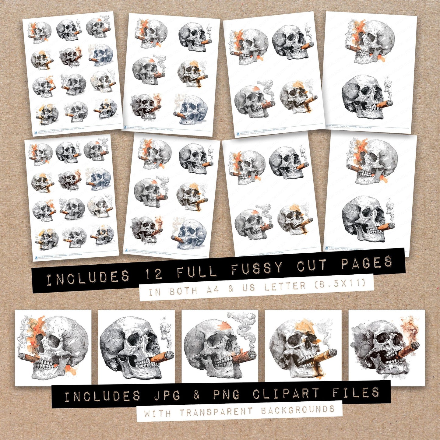 Full collection view of Skull Sketch Cigar fussy cut sheets with bonus clipart JPG and PNG files