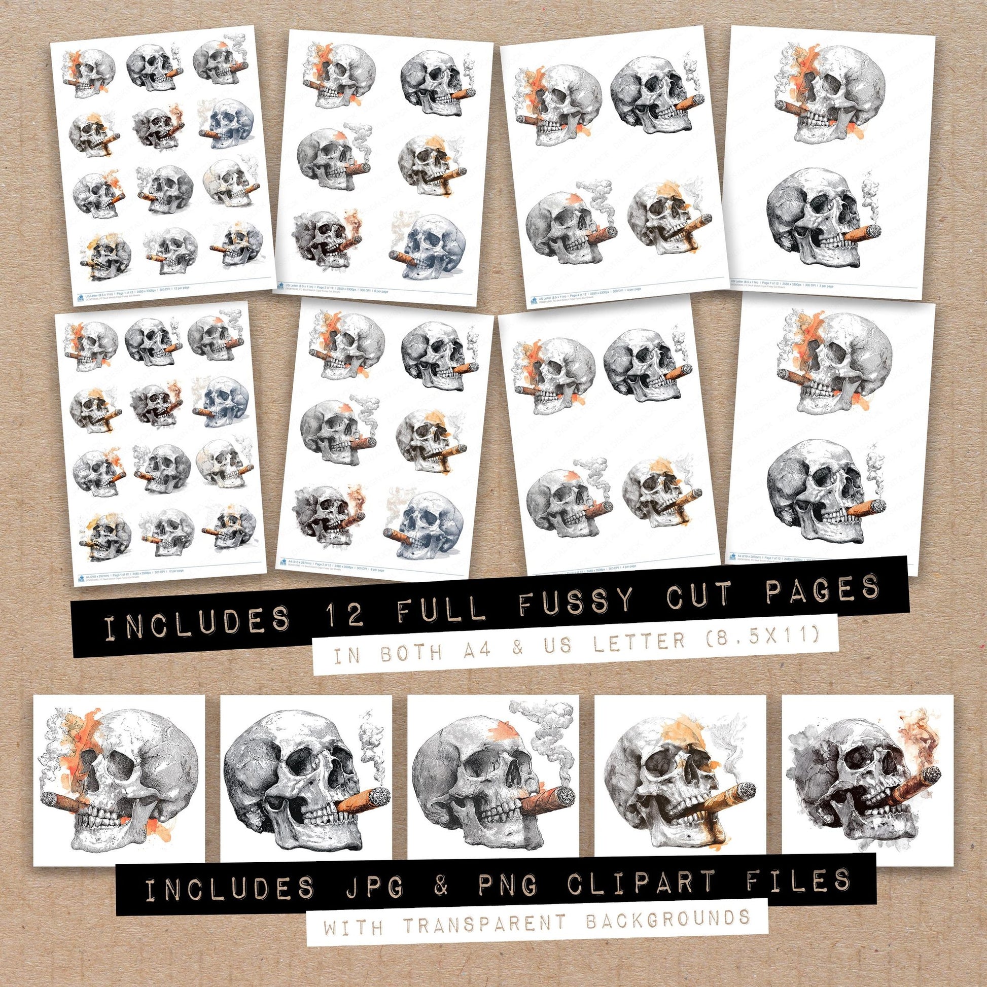 Full collection view of Skull Sketch Cigar fussy cut sheets with bonus clipart JPG and PNG files