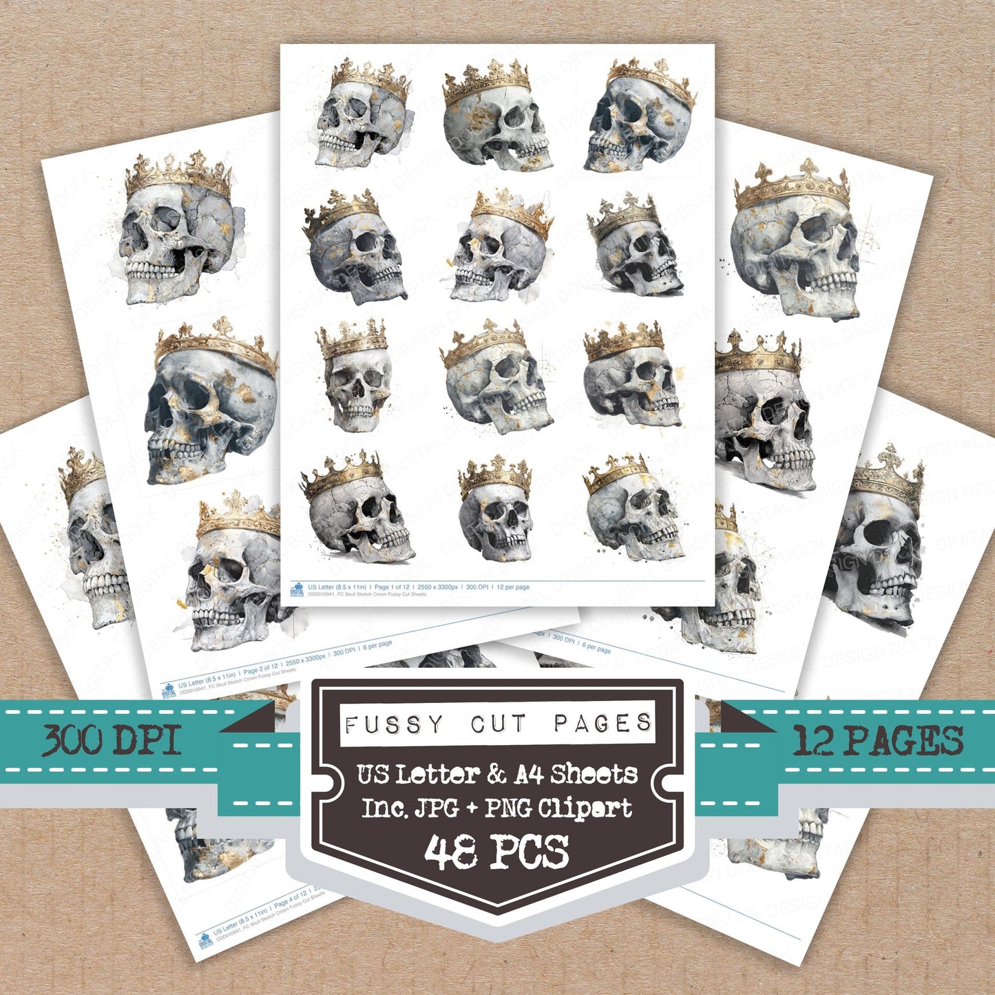 Skull Sketch Crown fussy cut printable sheets for junk journaling, scrapbooking, and paper craft projects