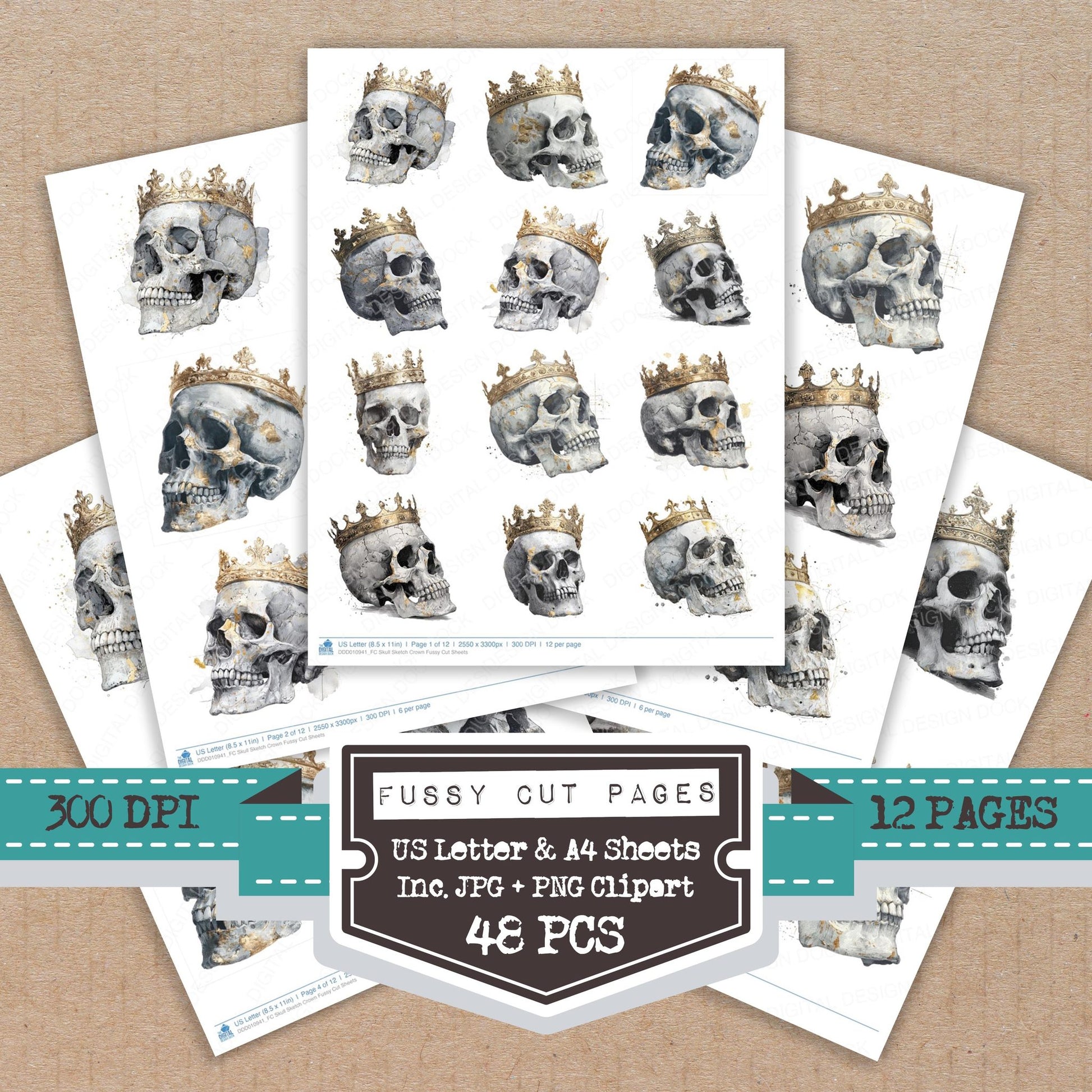 Skull Sketch Crown fussy cut printable sheets for junk journaling, scrapbooking, and paper craft projects