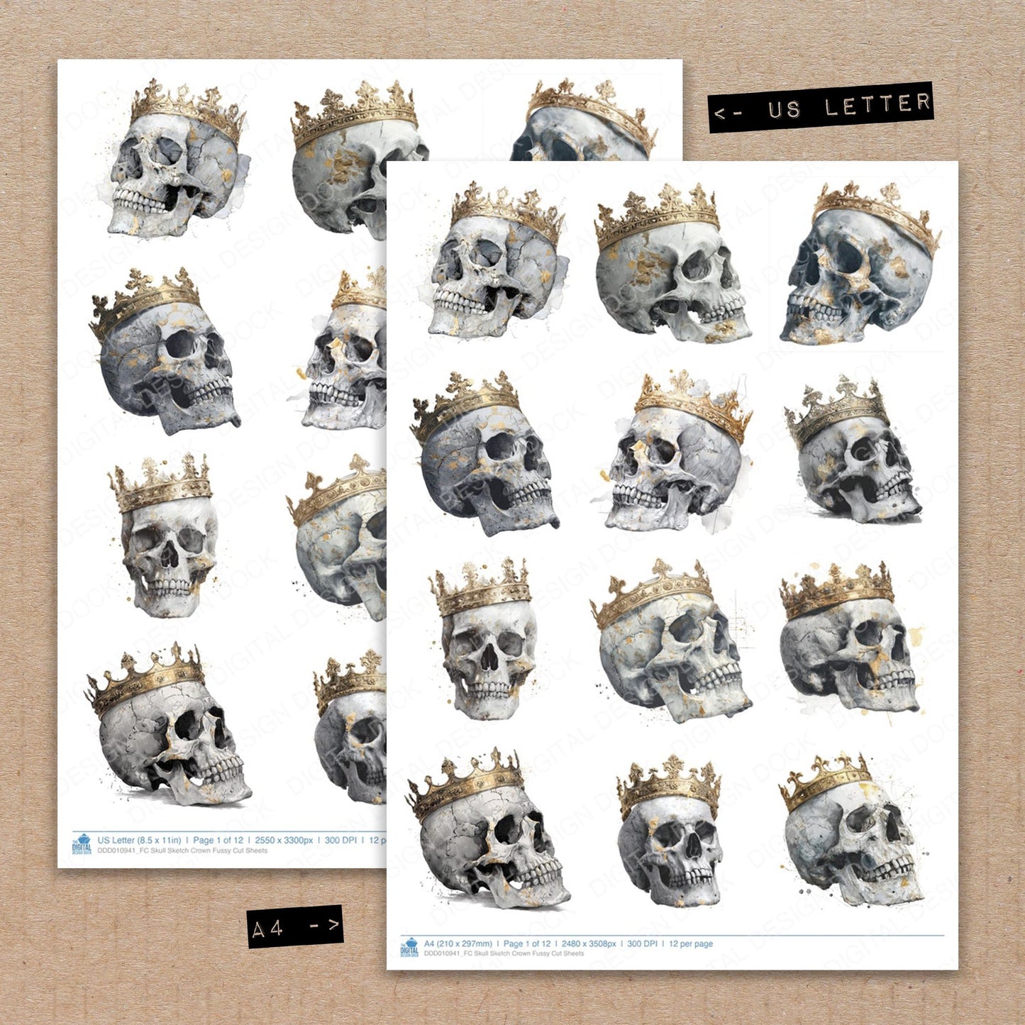 A4 and US Letter format comparison showing Skull Sketch Crown fussy cut pages for print and cut crafting