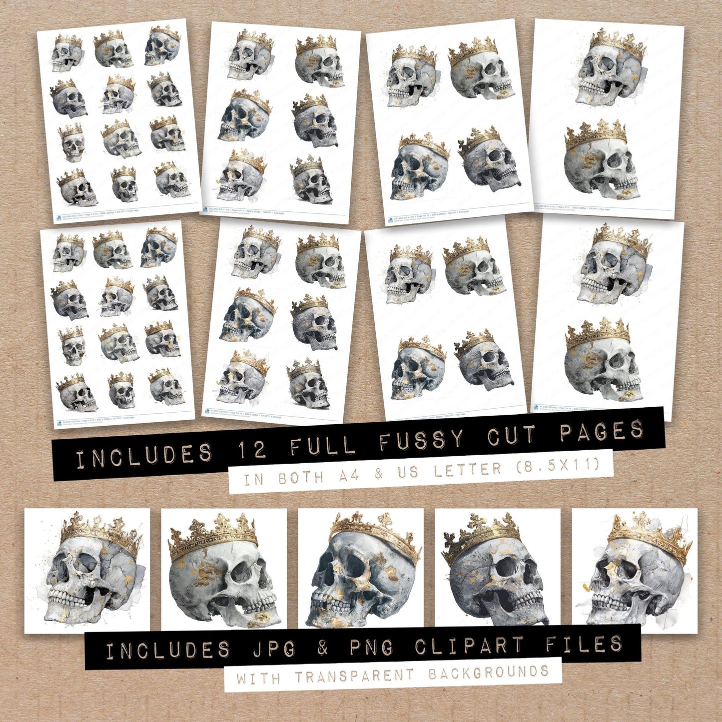 Full collection view of Skull Sketch Crown fussy cut sheets with bonus clipart JPG and PNG files