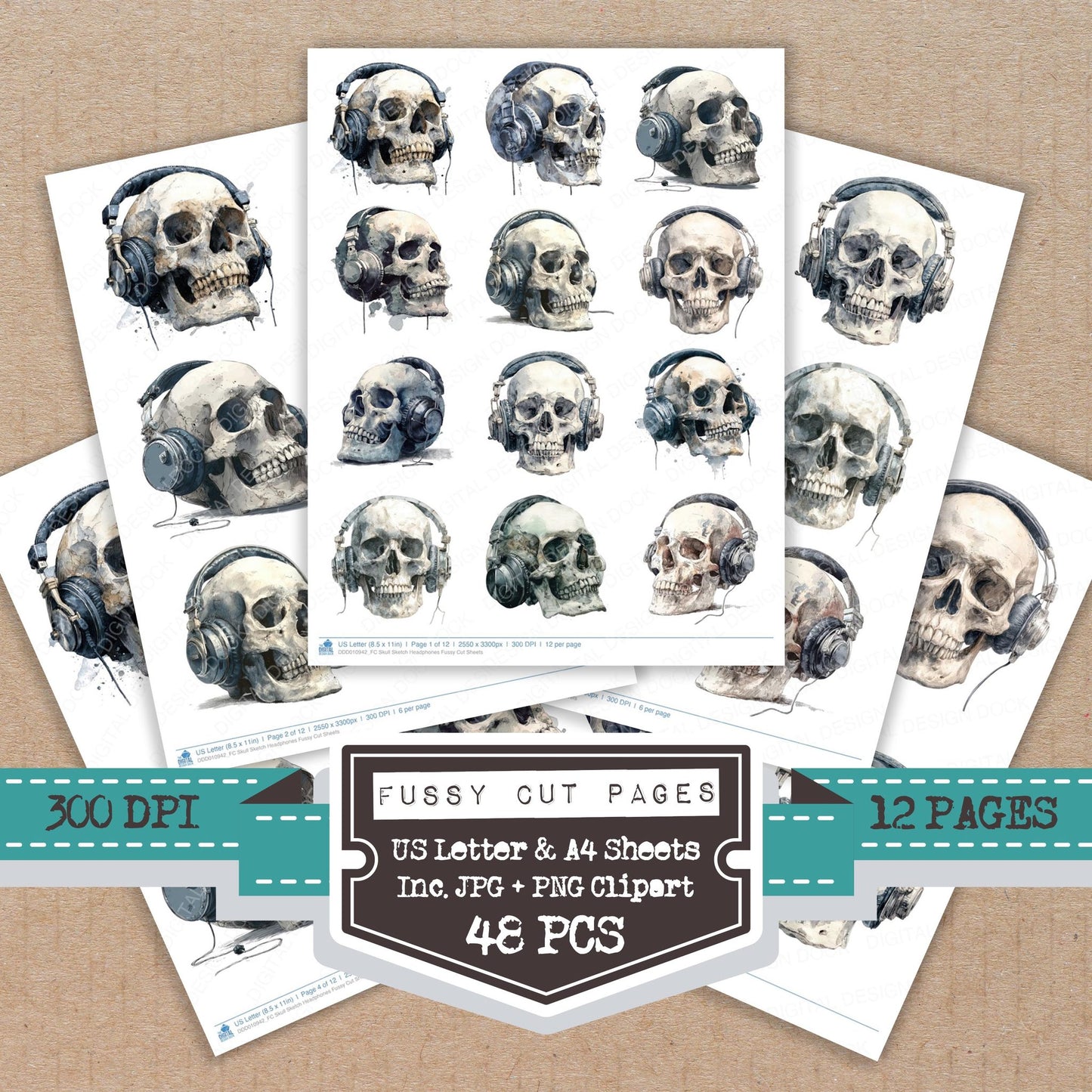 Skull Sketch Headphones fussy cut printable sheets for junk journaling, scrapbooking, and paper craft projects