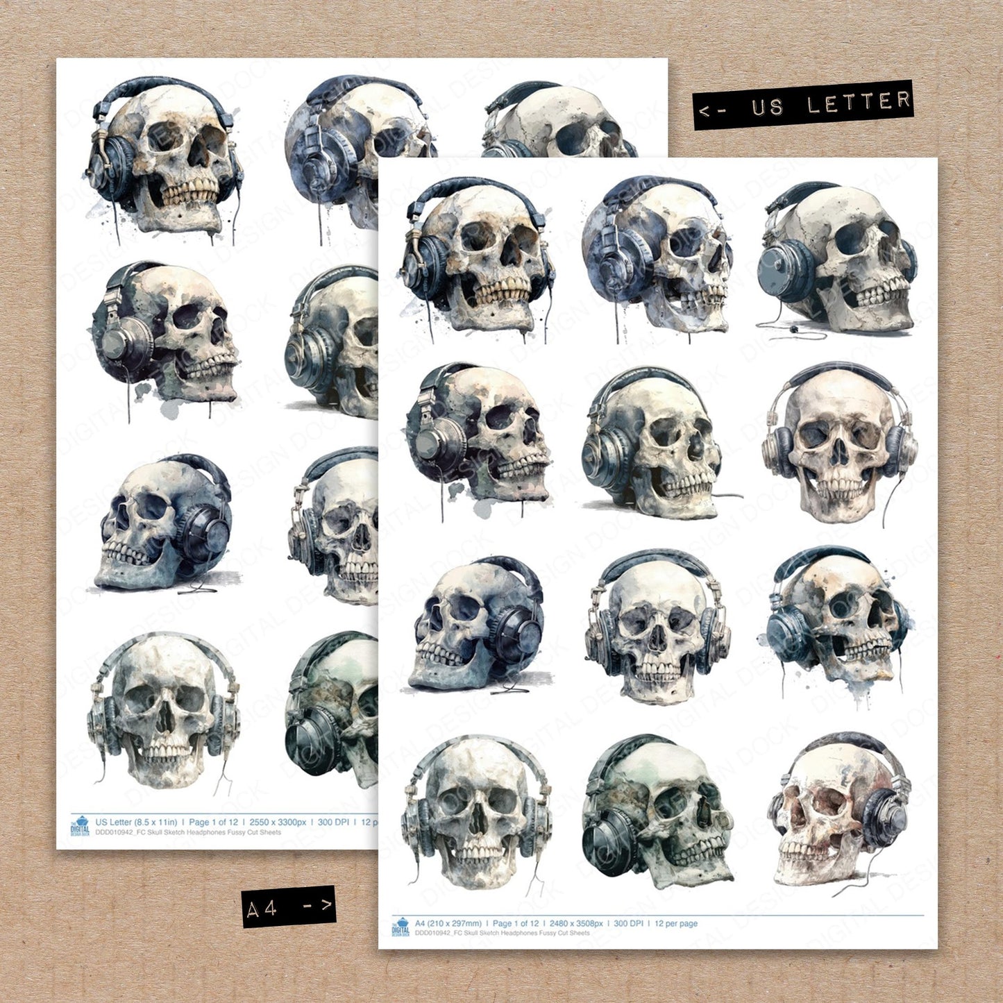 A4 and US Letter format comparison showing Skull Sketch Headphones fussy cut pages for print and cut crafting