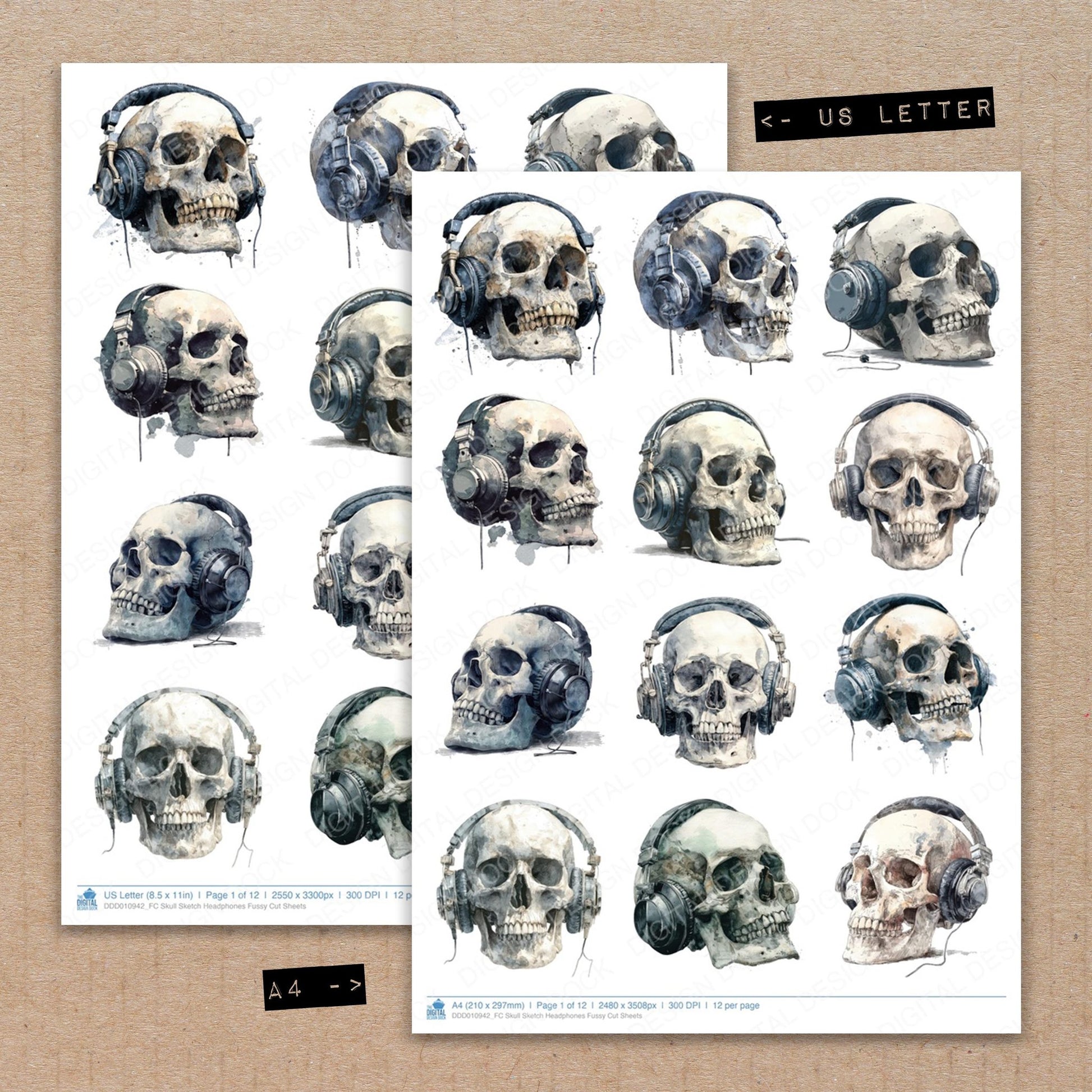 A4 and US Letter format comparison showing Skull Sketch Headphones fussy cut pages for print and cut crafting