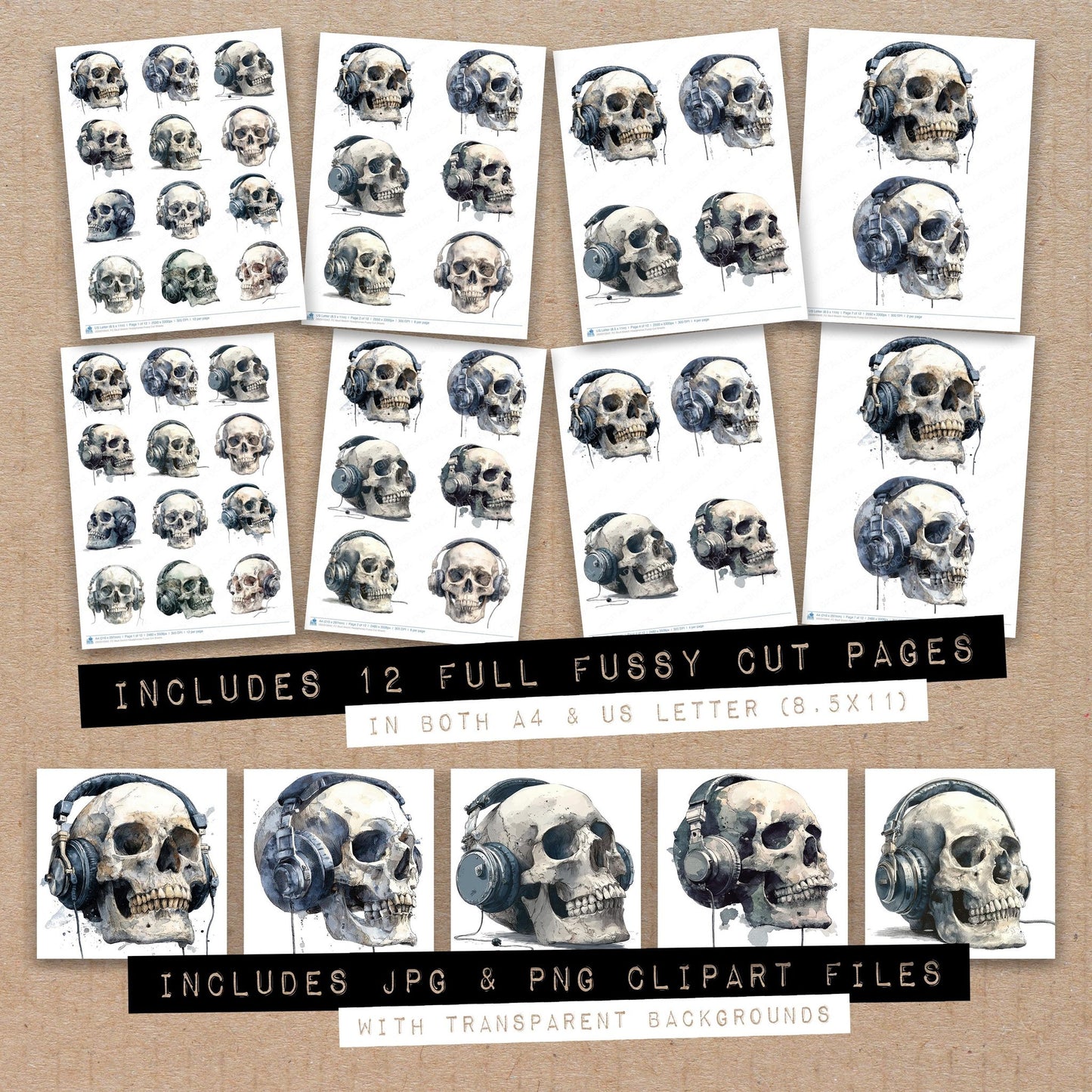 Full collection view of Skull Sketch Headphones fussy cut sheets with bonus clipart JPG and PNG files