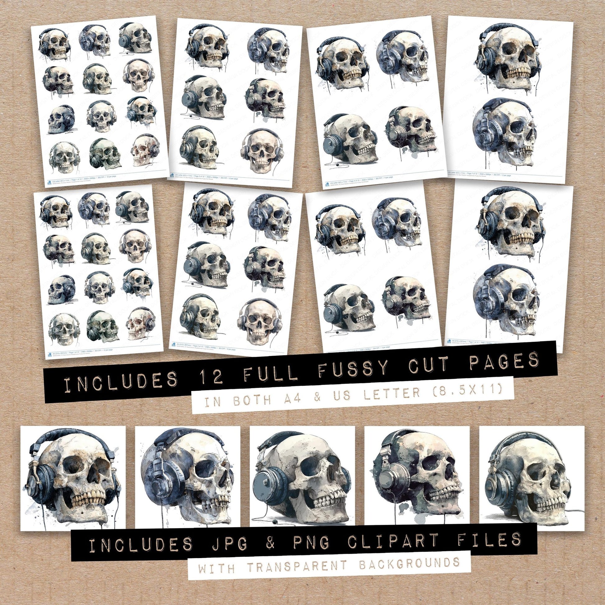 Full collection view of Skull Sketch Headphones fussy cut sheets with bonus clipart JPG and PNG files