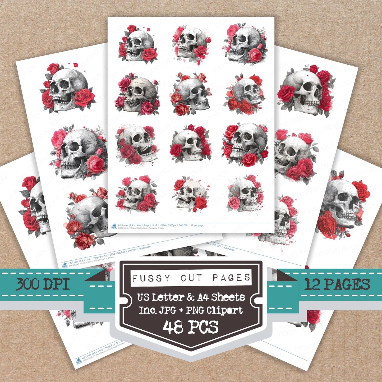 Skull Sketch Roses Fussy Cut Sheets (DDD010943)