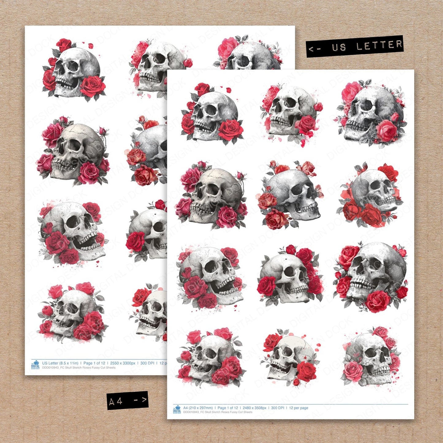 Skull Sketch Roses Fussy Cut Sheets (DDD010943)