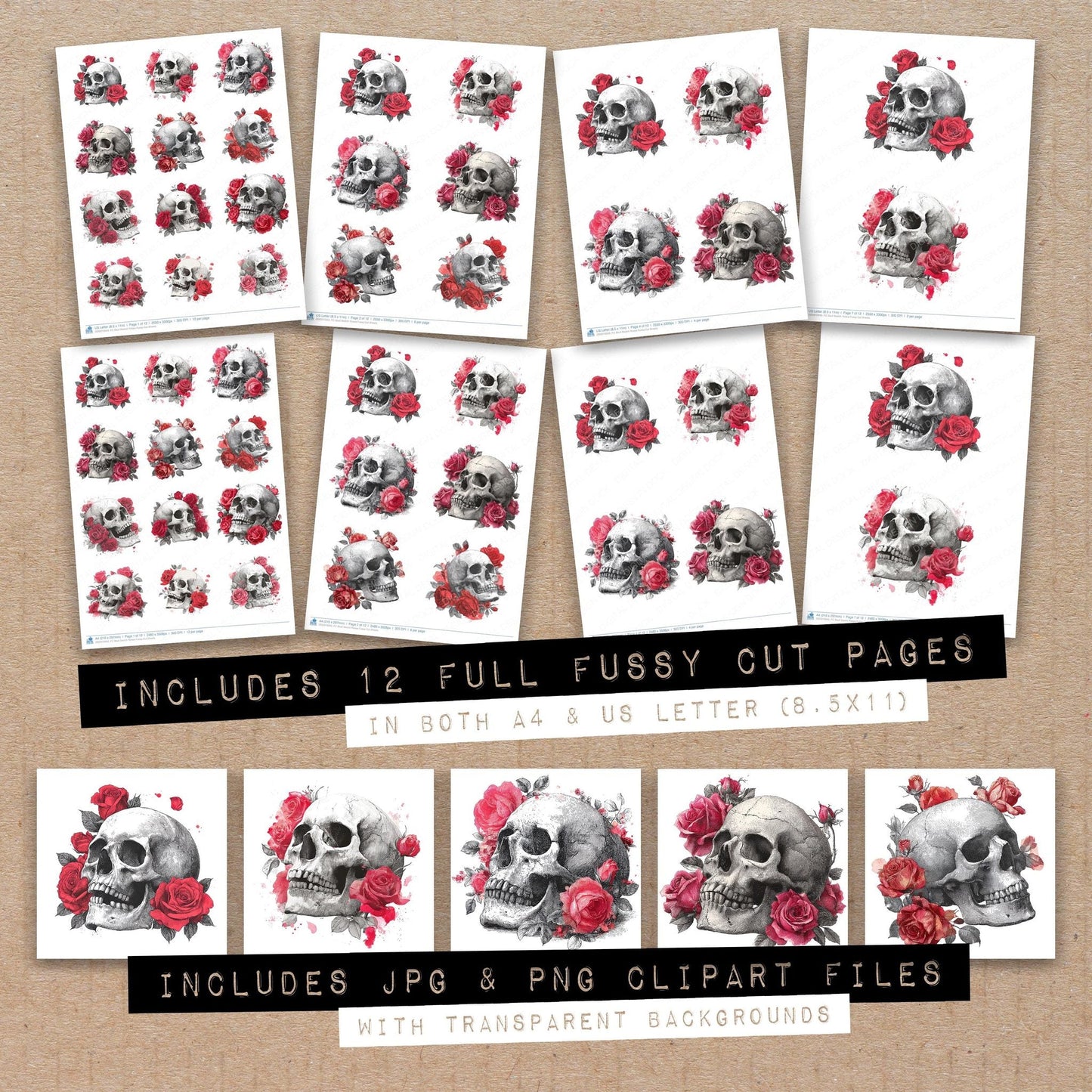 Skull Sketch Roses Fussy Cut Sheets (DDD010943)