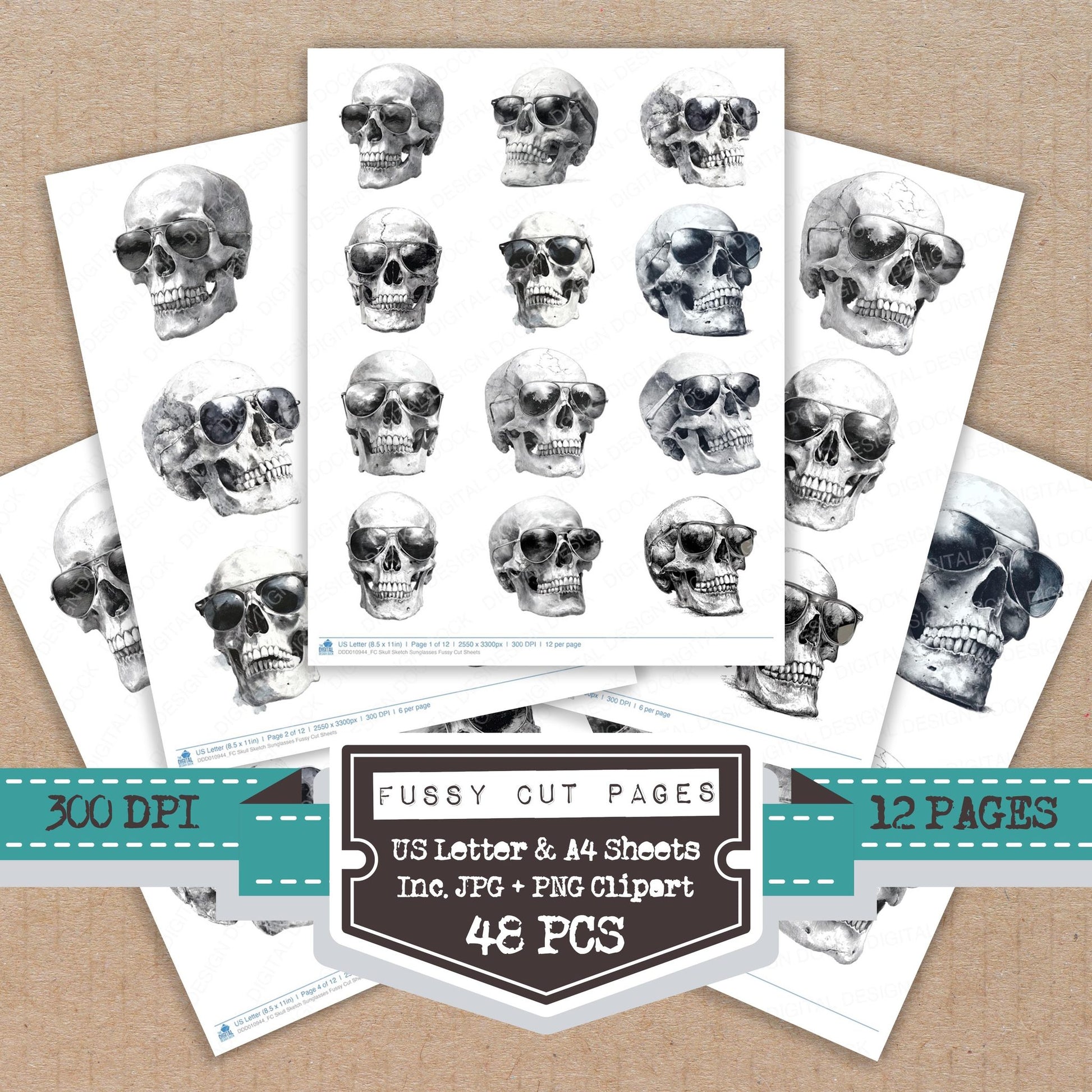 Skull Sketch Sunglasses fussy cut printable sheets for junk journaling, scrapbooking, and paper craft projects