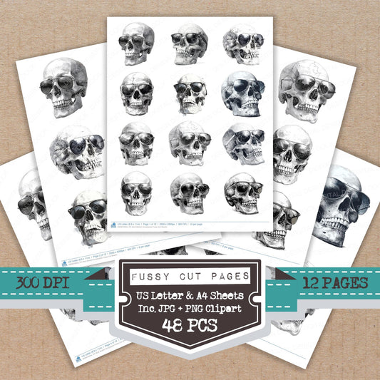 Skull Sketch Sunglasses fussy cut printable sheets for junk journaling, scrapbooking, and paper craft projects
