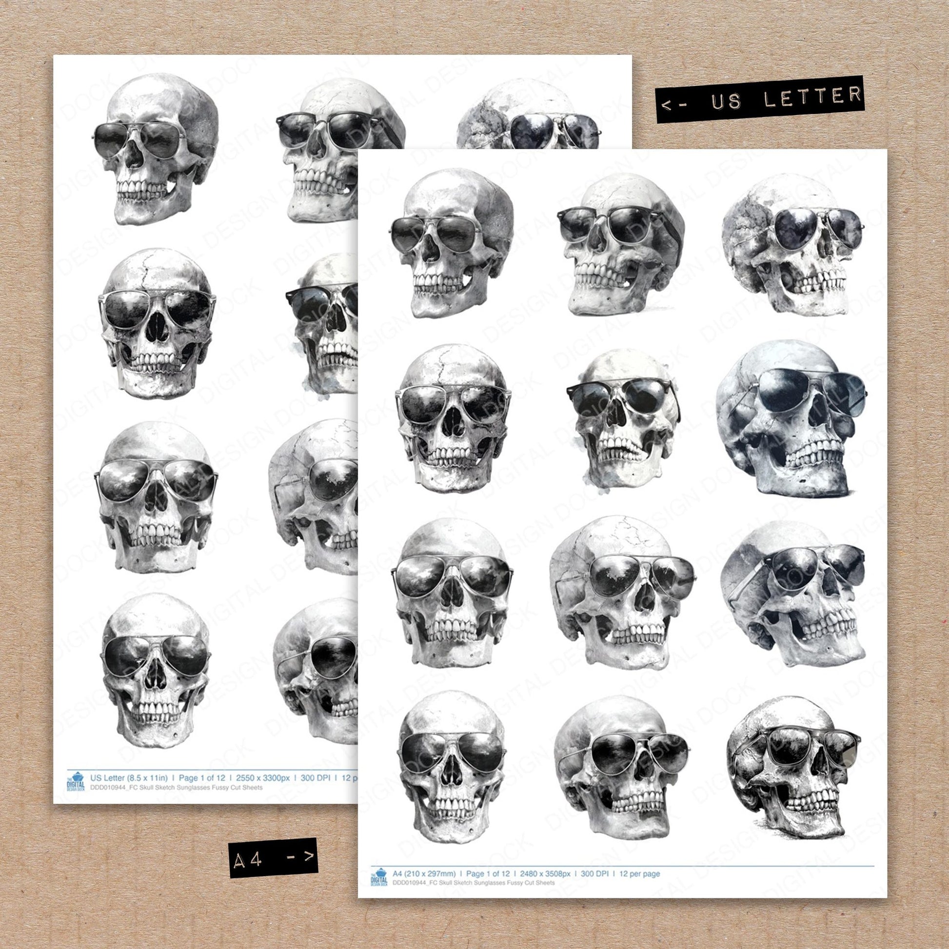 A4 and US Letter format comparison showing Skull Sketch Sunglasses fussy cut pages for print and cut crafting