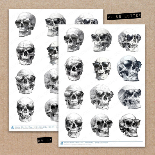 A4 and US Letter format comparison showing Skull Sketch Sunglasses fussy cut pages for print and cut crafting