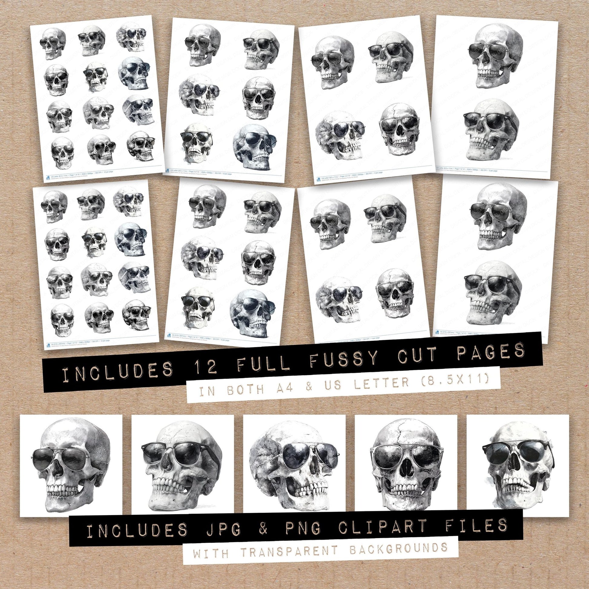 Full collection view of Skull Sketch Sunglasses fussy cut sheets with bonus clipart JPG and PNG files