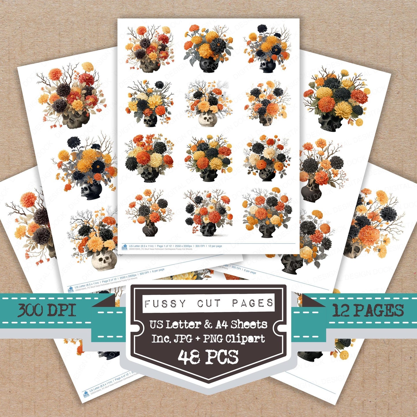 Skull Vase Halloween Centrepiece fussy cut printable sheets for junk journaling, scrapbooking, and paper craft projects