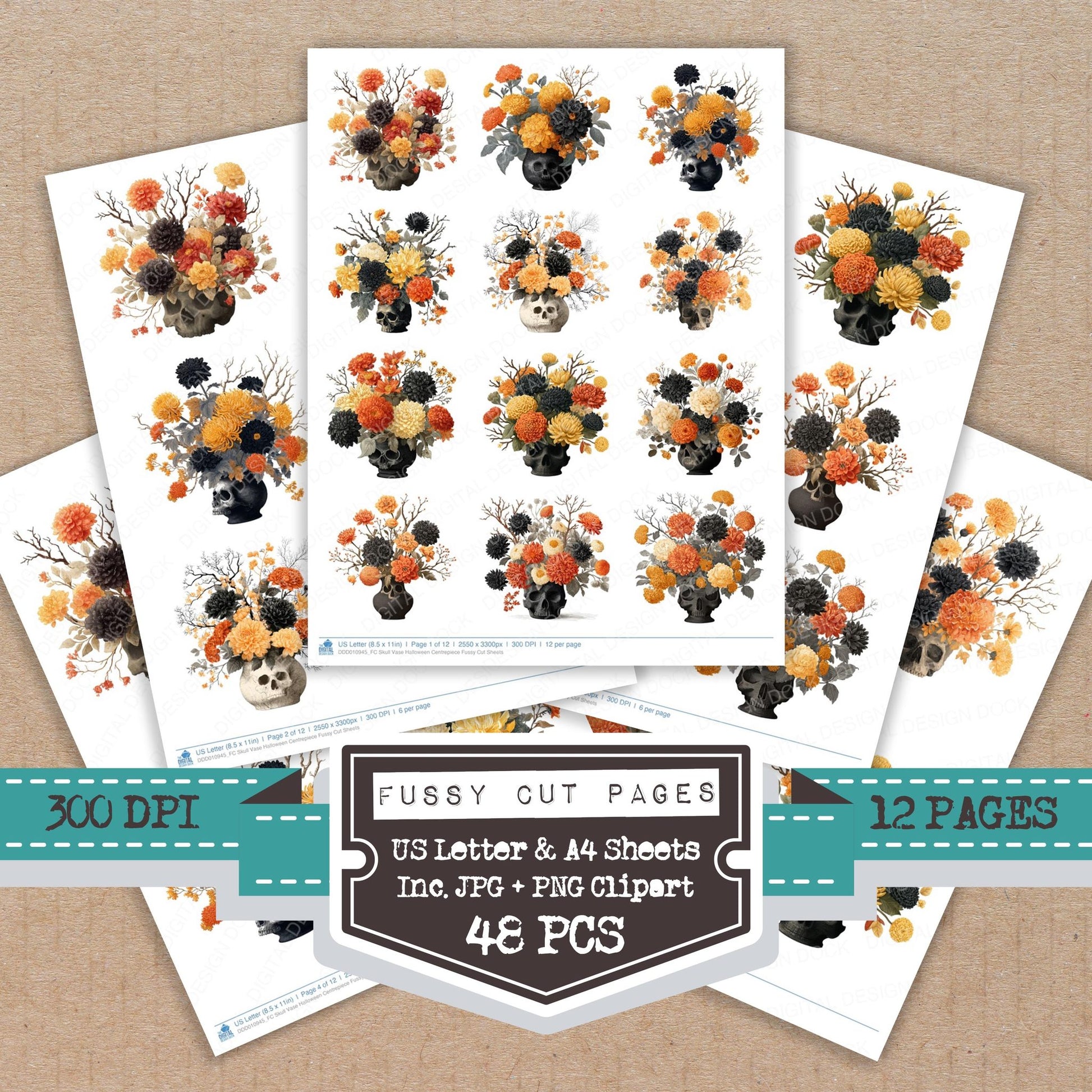 Skull Vase Halloween Centrepiece fussy cut printable sheets for junk journaling, scrapbooking, and paper craft projects