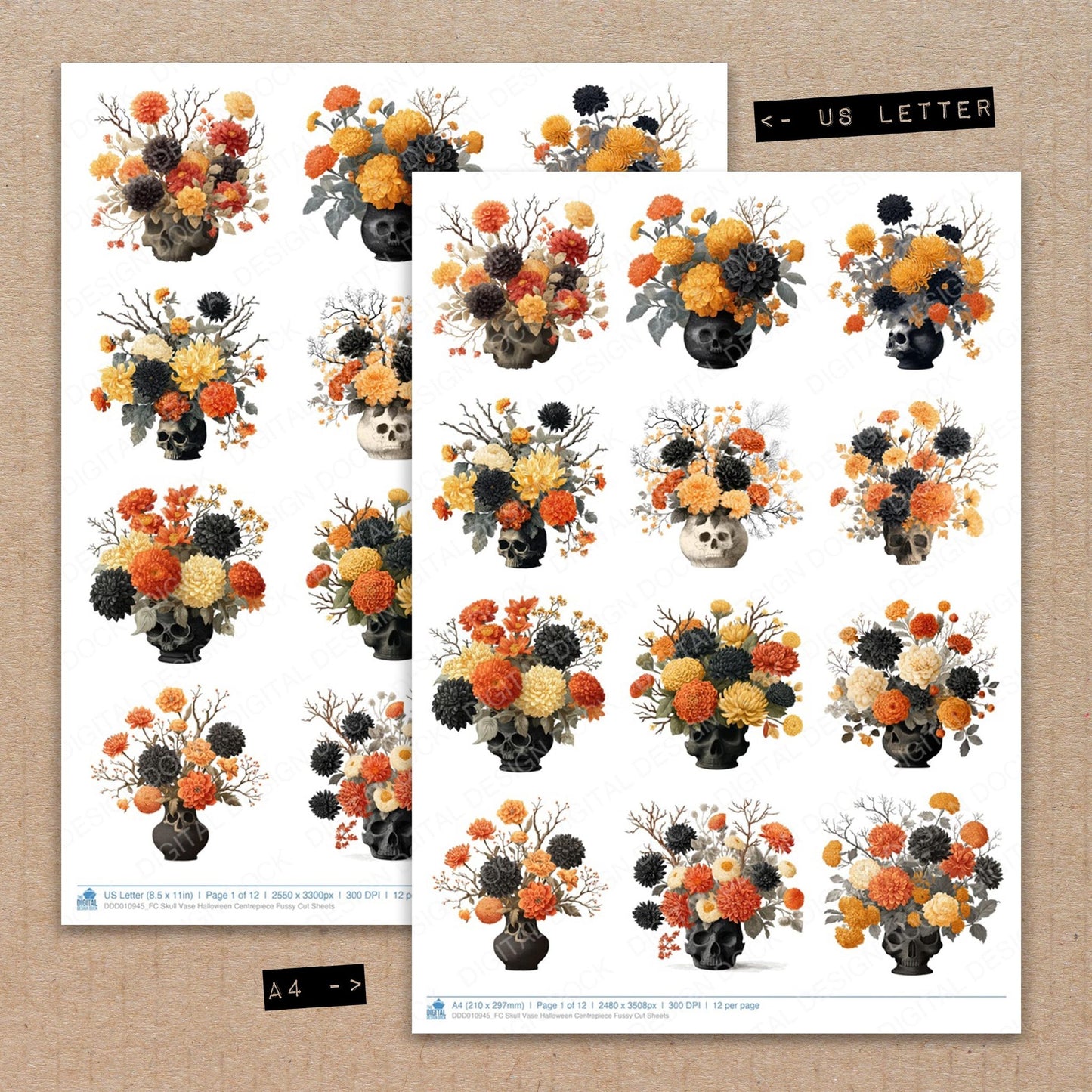 A4 and US Letter format comparison showing Skull Vase Halloween Centrepiece fussy cut pages for print and cut crafting