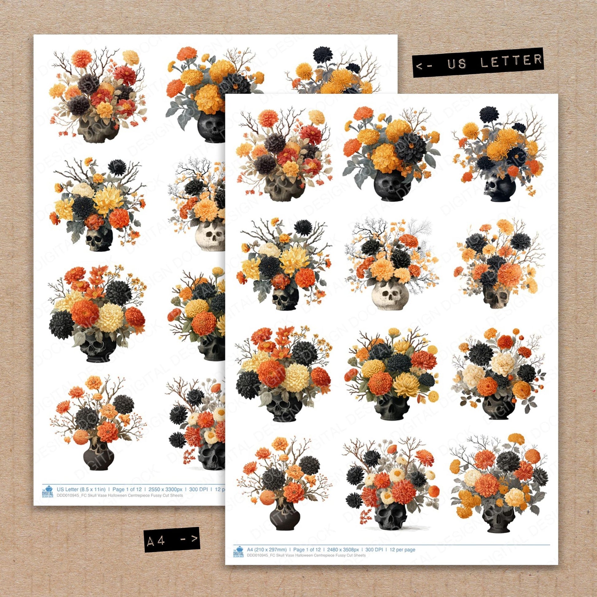 A4 and US Letter format comparison showing Skull Vase Halloween Centrepiece fussy cut pages for print and cut crafting