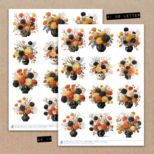 A4 and US Letter format comparison showing Skull Vase Halloween Centrepiece fussy cut pages for print and cut crafting