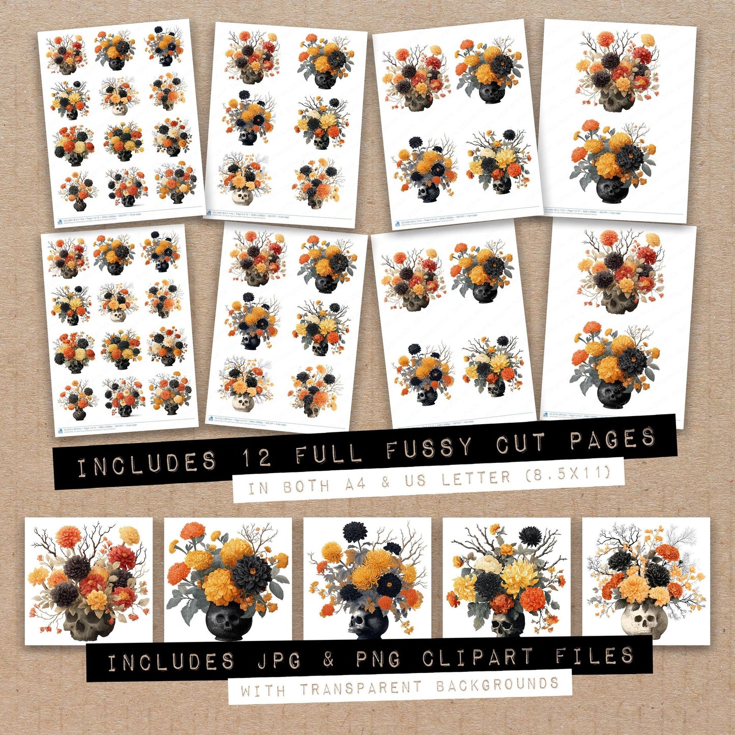 Full collection view of Skull Vase Halloween Centrepiece fussy cut sheets with bonus clipart JPG and PNG files