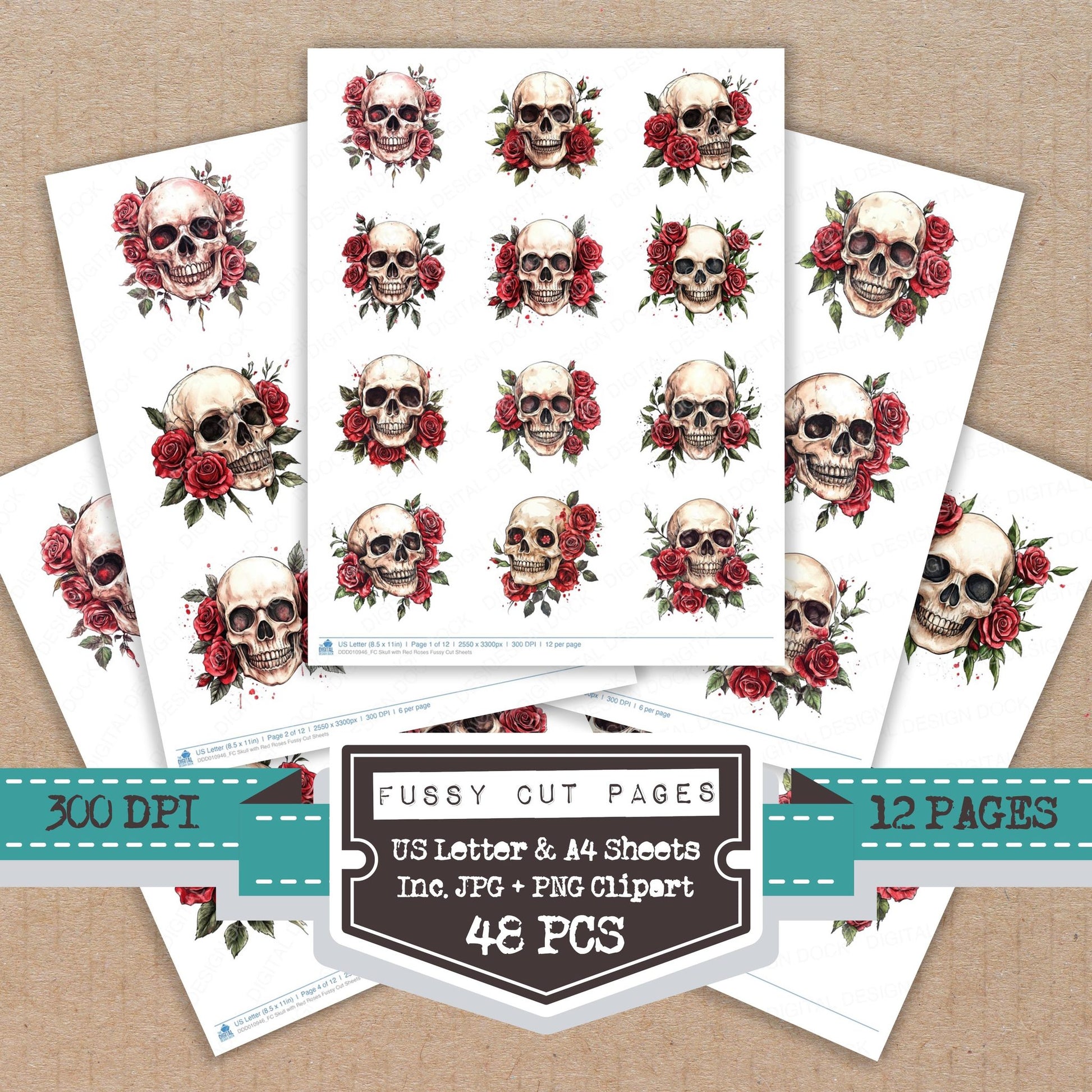 Skull with Red Roses fussy cut printable sheets for junk journaling, scrapbooking, and paper craft projects