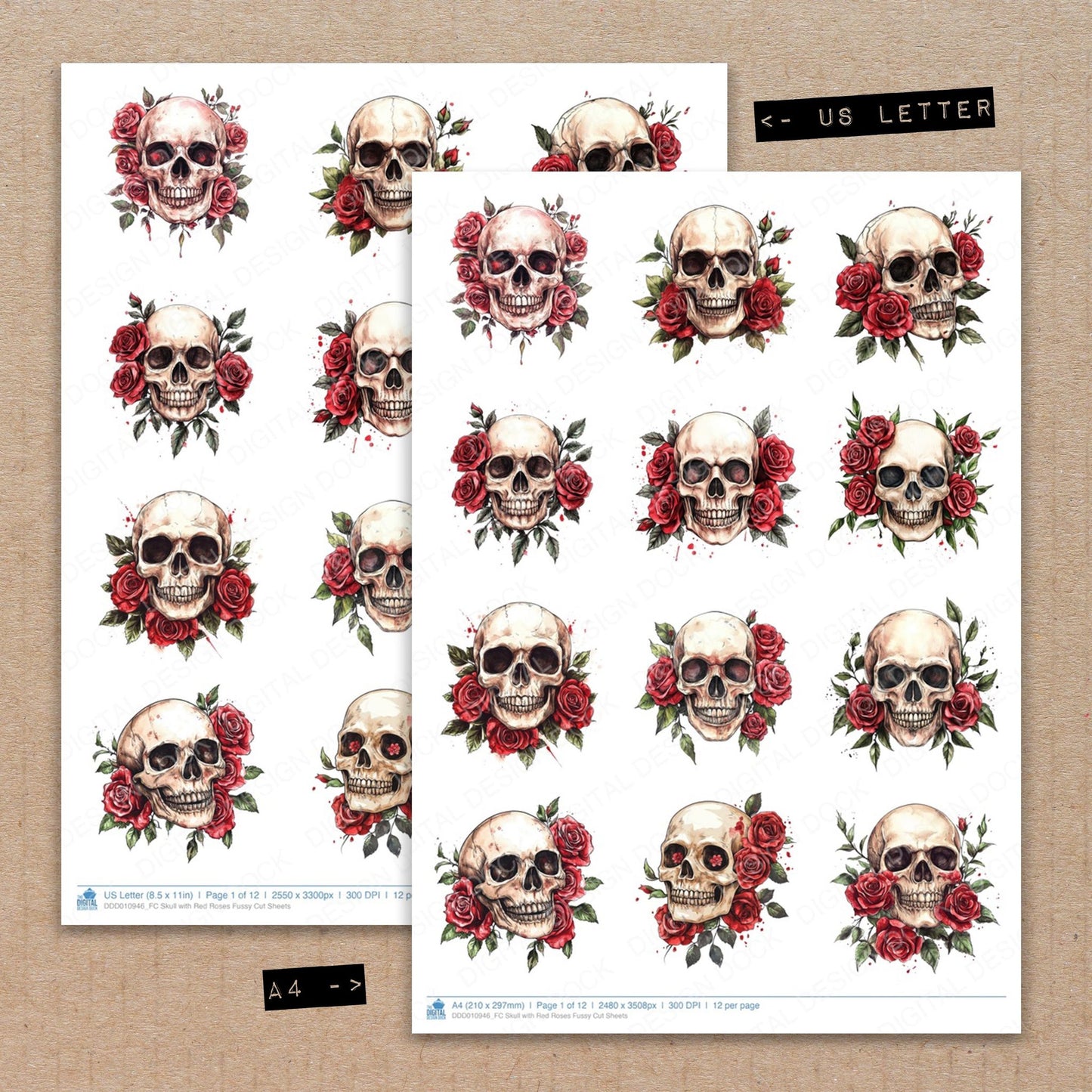 A4 and US Letter format comparison showing Skull with Red Roses fussy cut pages for print and cut crafting