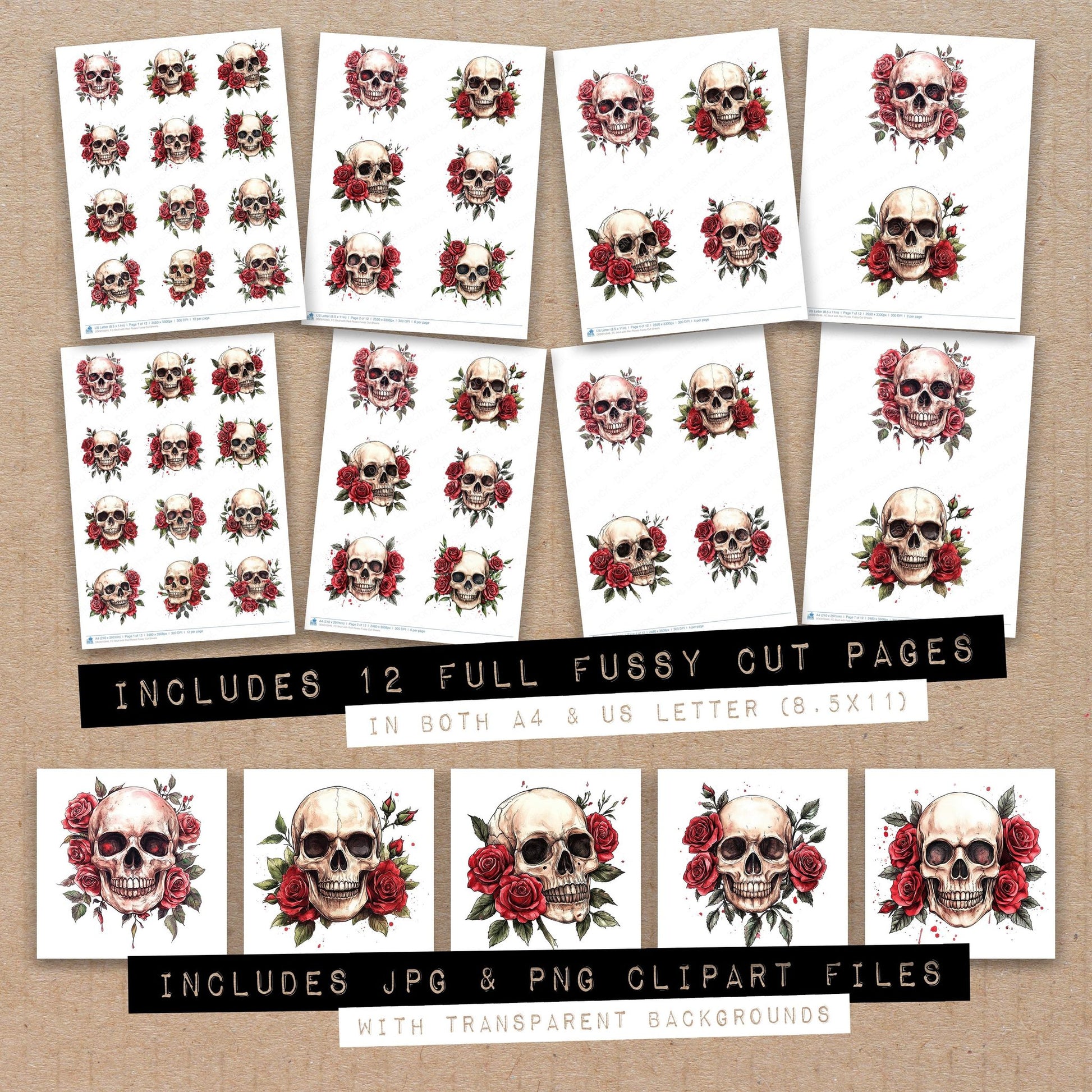 Full collection view of Skull with Red Roses fussy cut sheets with bonus clipart JPG and PNG files